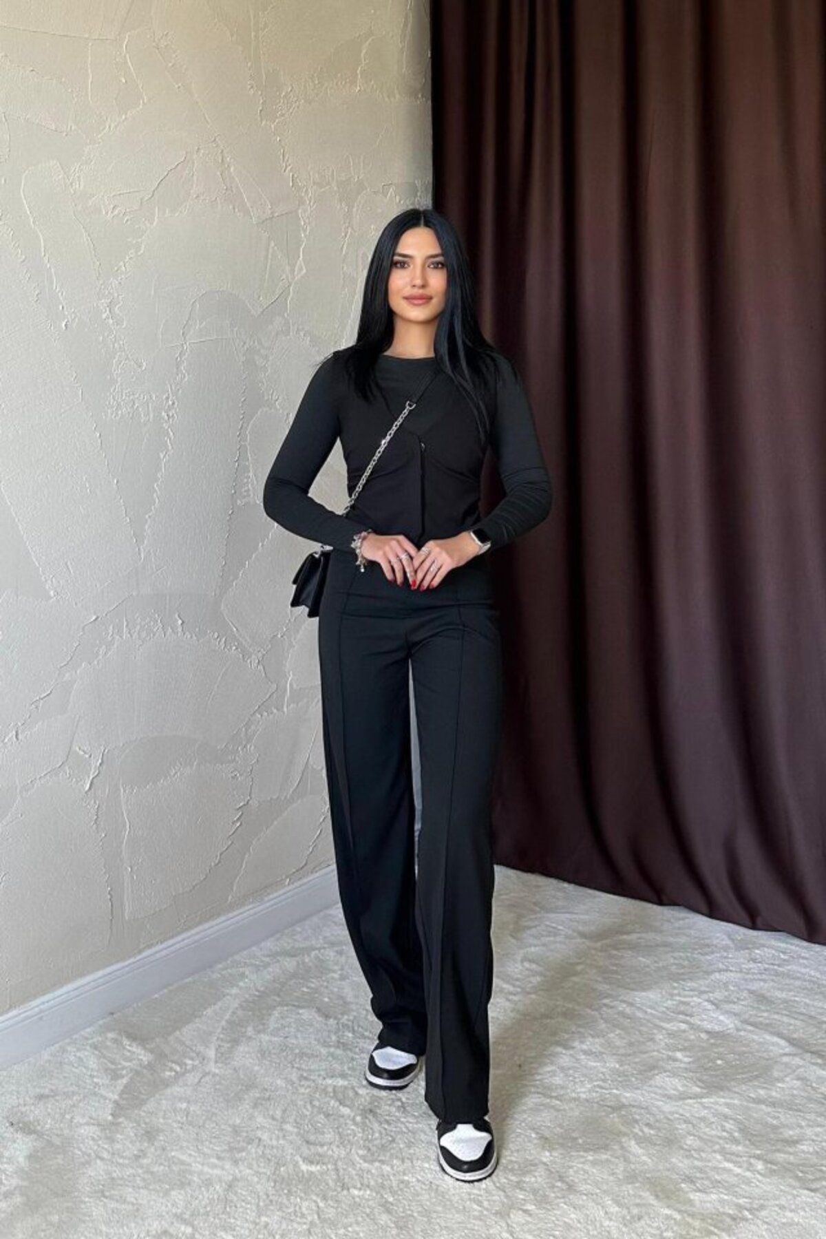 ASFSTORE Siyah Bel Büzgülü Pantolon