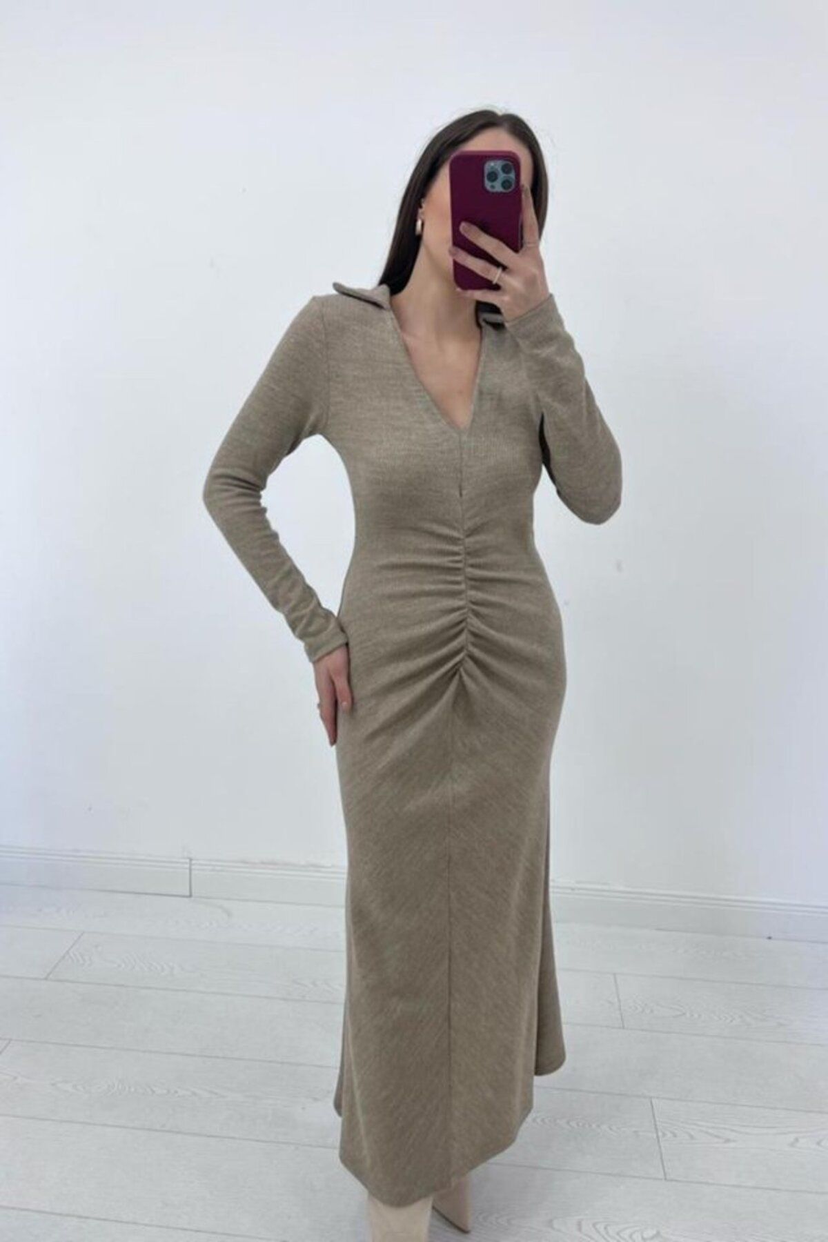 MRA Fashion Bej Büzgülü Triko Balık Elbise