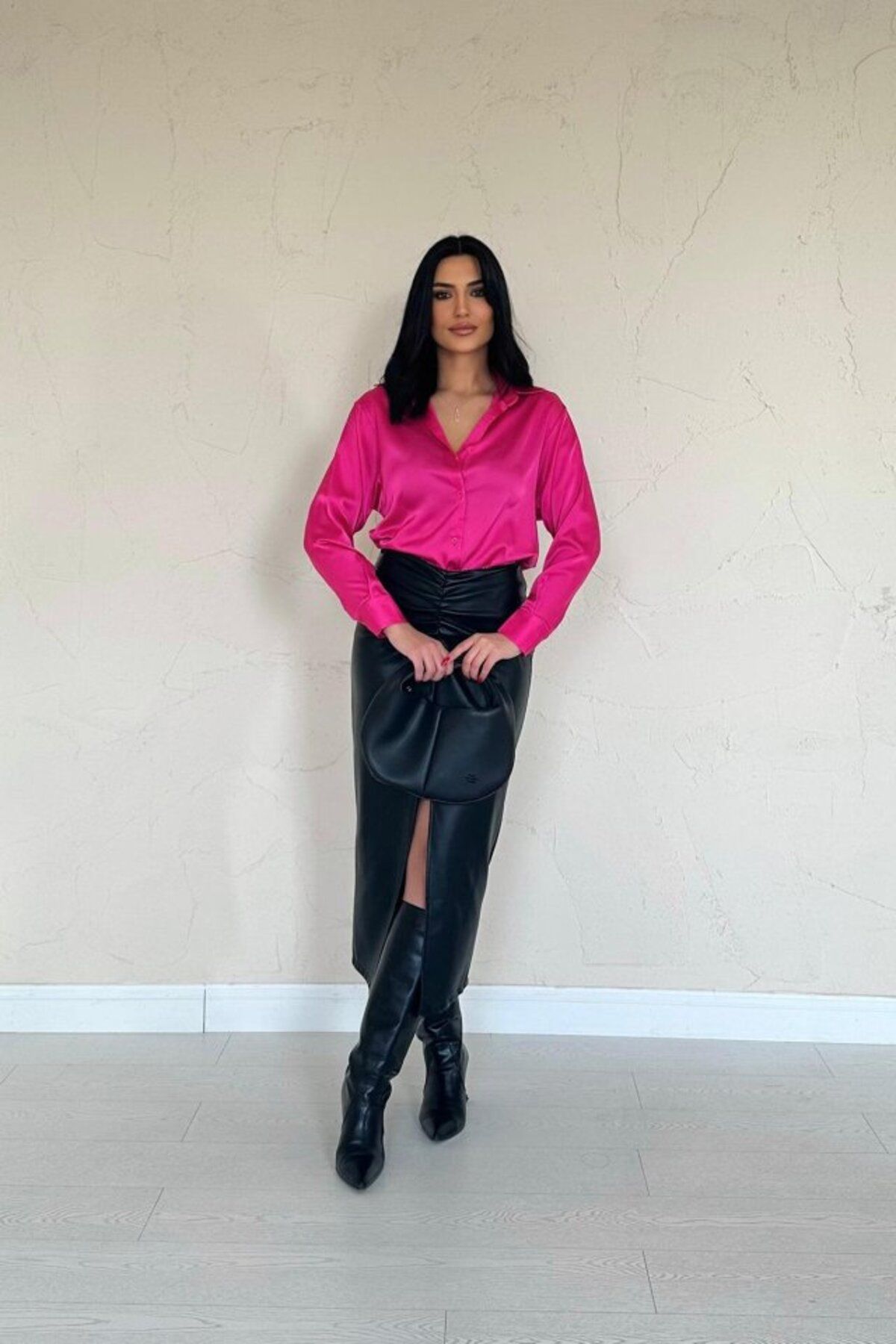 MRA Fashion Fuşya Saten Gömlek