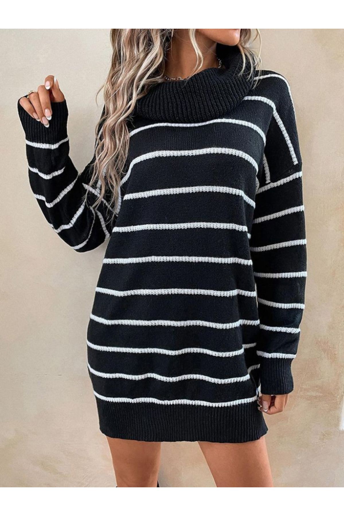 Grip Hug &Hug Kadın Uzun Kollu Degaje Yaka çizgili Sonya Iplik Mini Boy Triko Elbise (kemersiz)