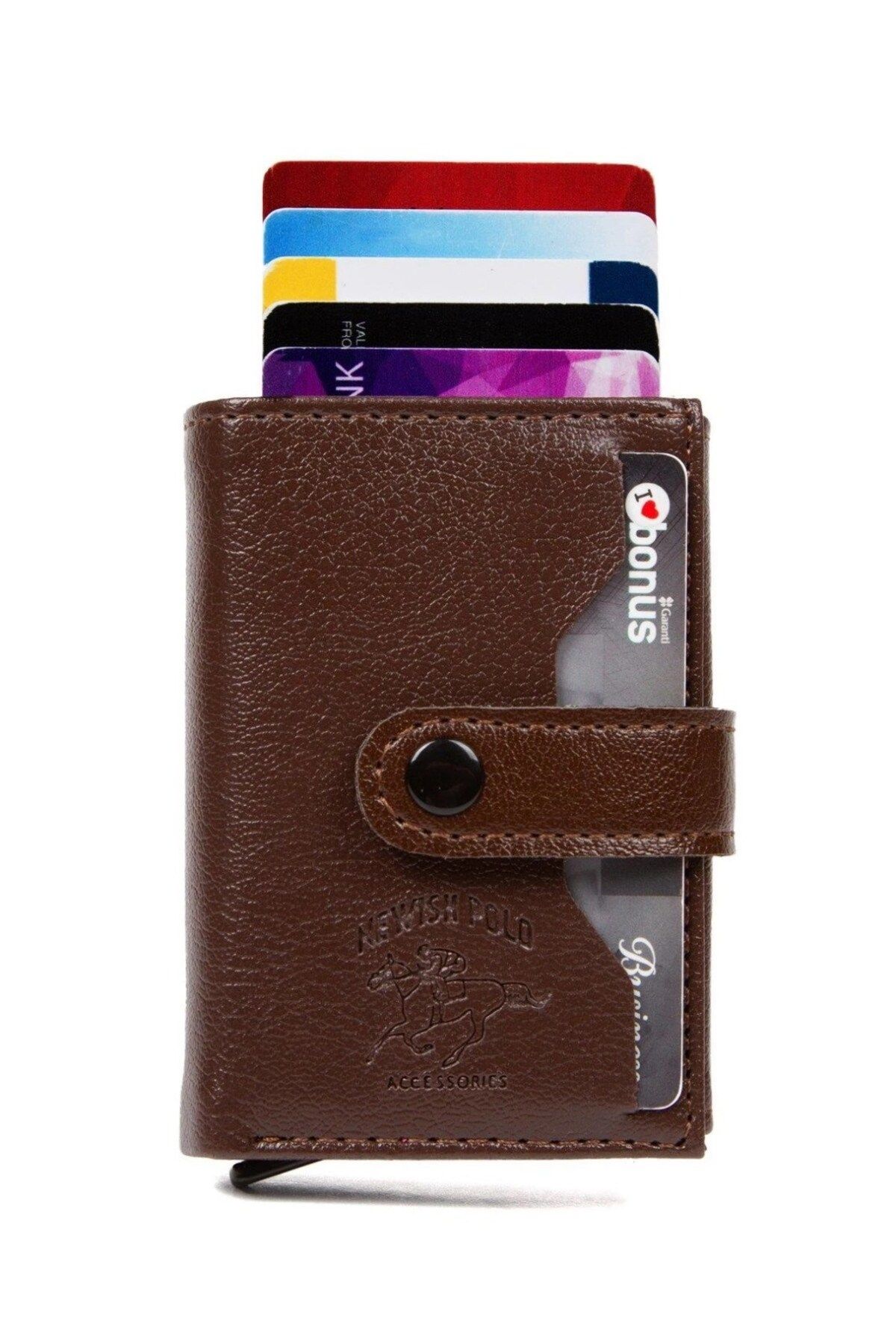 کیف پول مردانه محافظت از RFID چرمی آلومینیوم اتوماتیک کارت مکانیز و قهوه ای Newish Polo