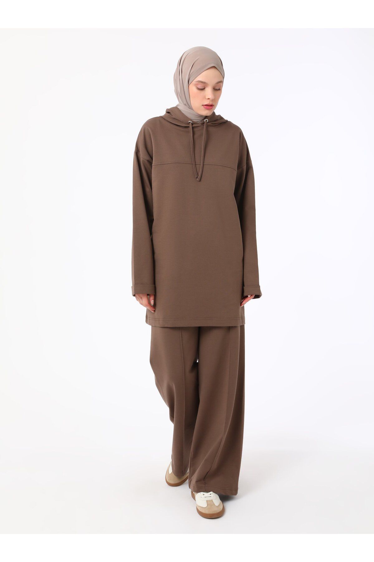 Refka-Hooded Tracksuit Set with Stitching Detail - Bitter Brown - Basic 2