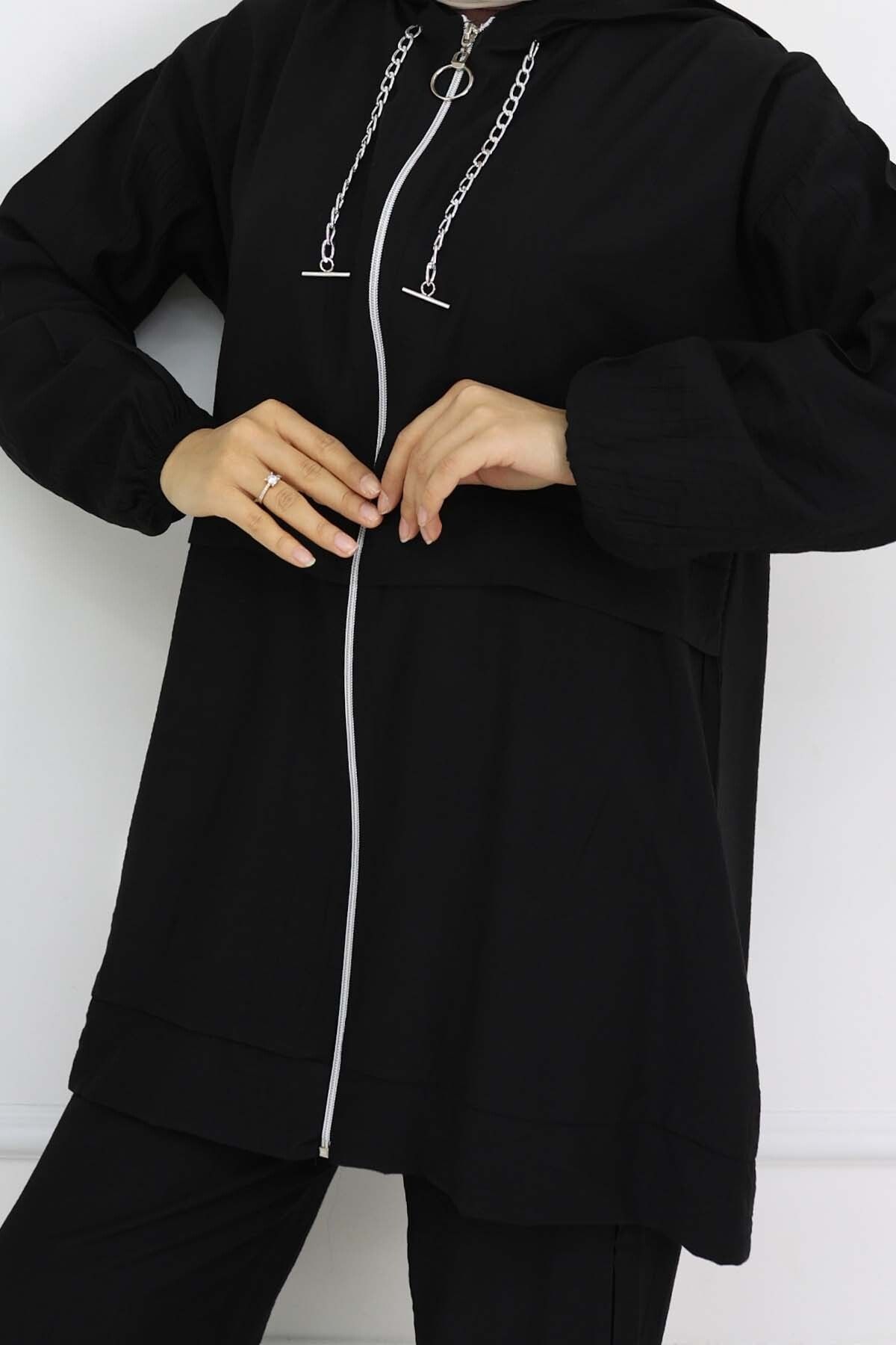 benguen-Black Black Chain Detailed Hijab Suit 4760 3