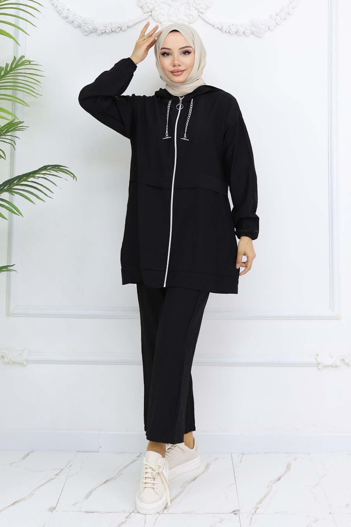 benguen-Black Black Chain Detailed Hijab Suit 4760 4