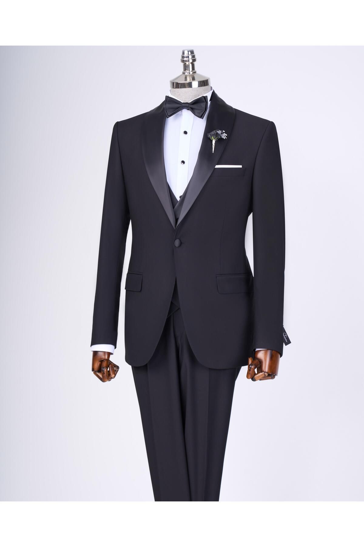 TerziAdemAltun İtalyan stil slim fit şal yaka ceket yelek pantolon damatlık set siyah T12585