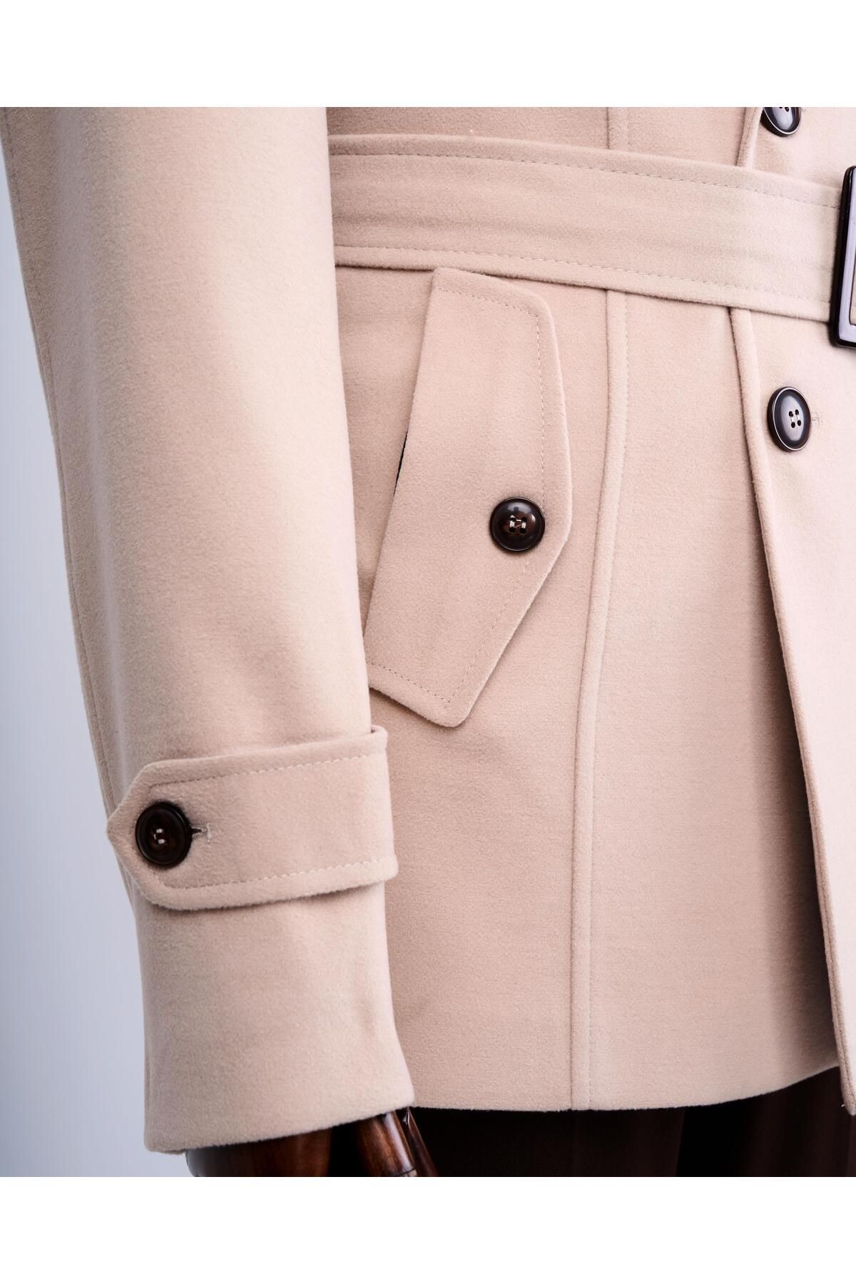 TerziAdemAltun-Men's Italian Style Beige Short Stamp Trench Coat Coat - T13324 3