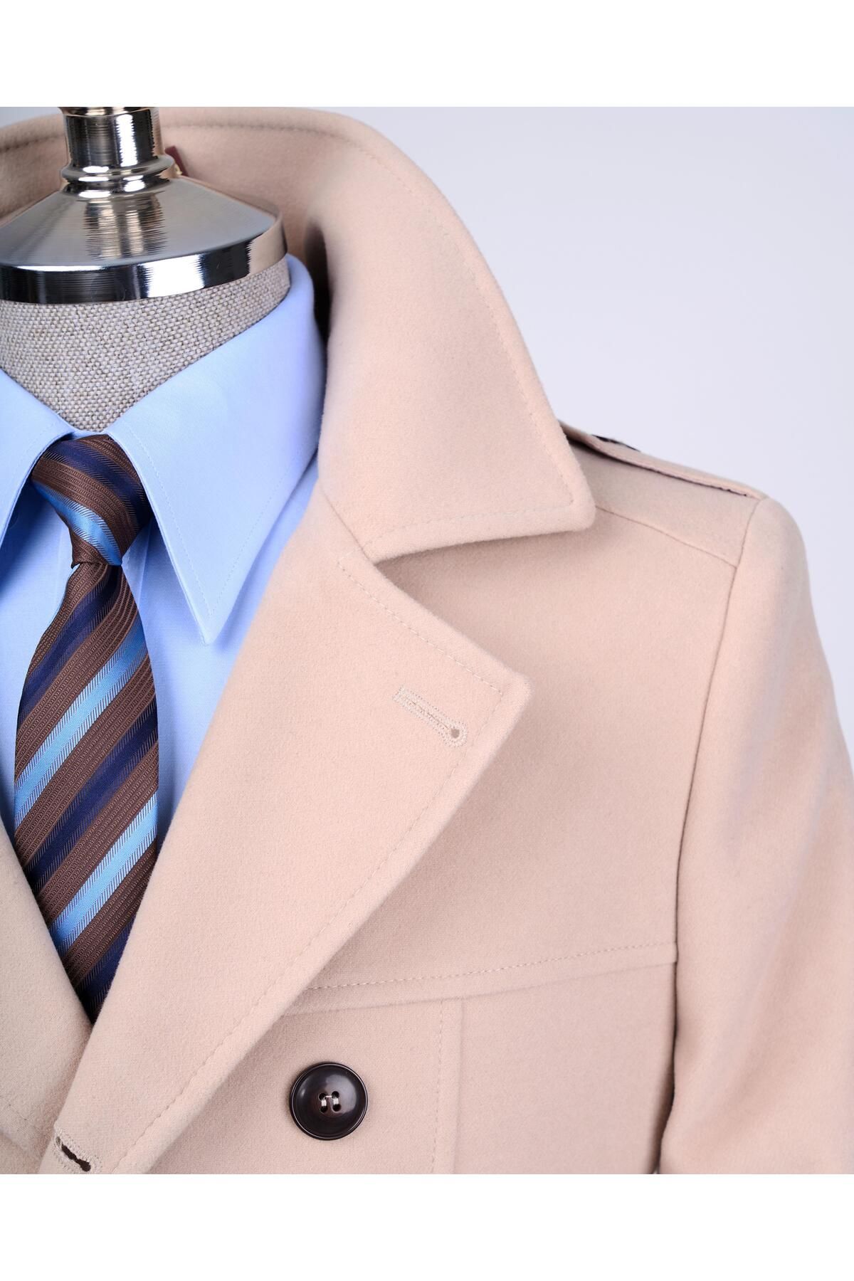 TerziAdemAltun-Men's Italian Style Beige Short Stamp Trench Coat Coat - T13324 5