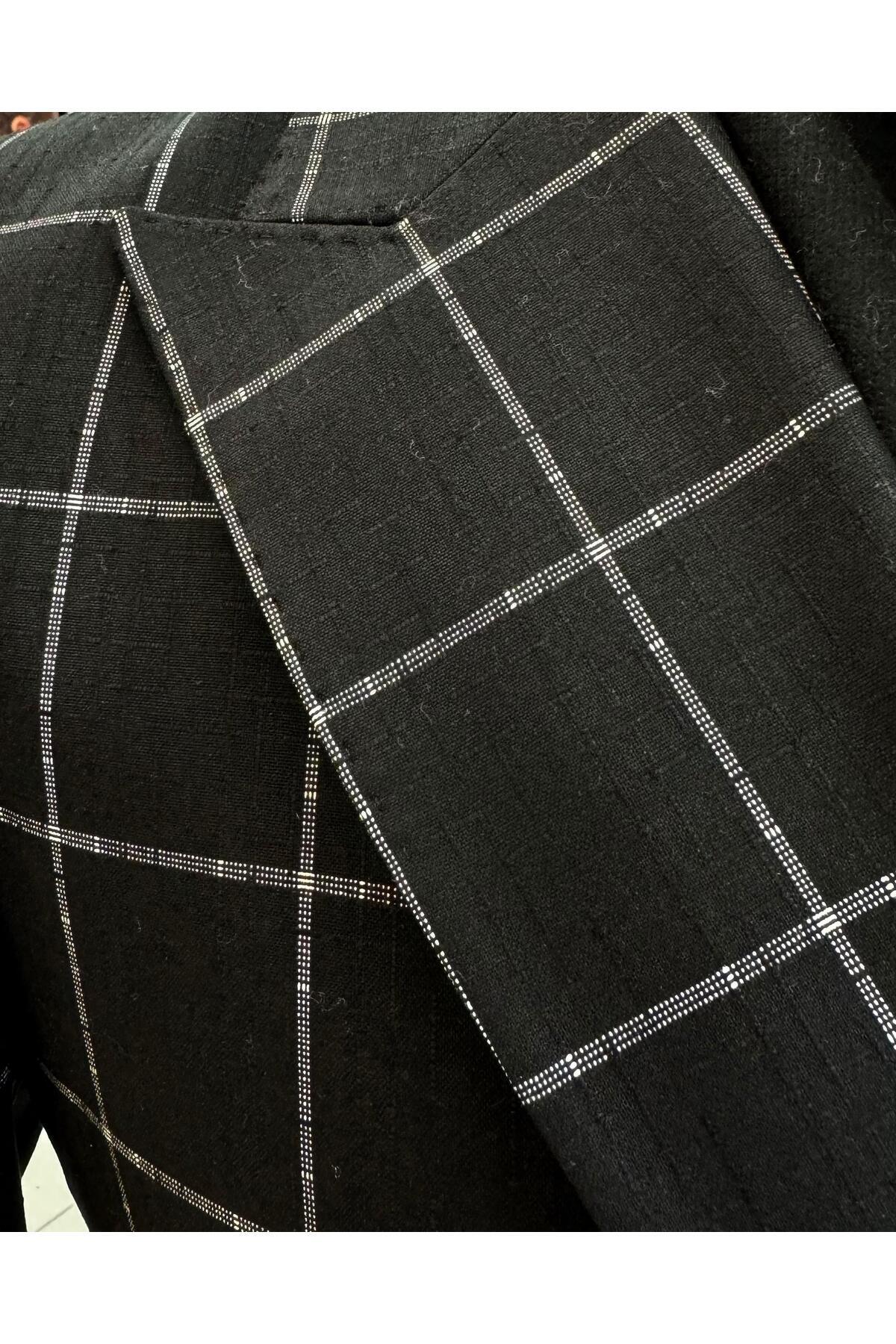 TerziAdemAltun İtalyan stil slim fit ekose kruvaze erkek tek ceket siyah T12895 görsel 4