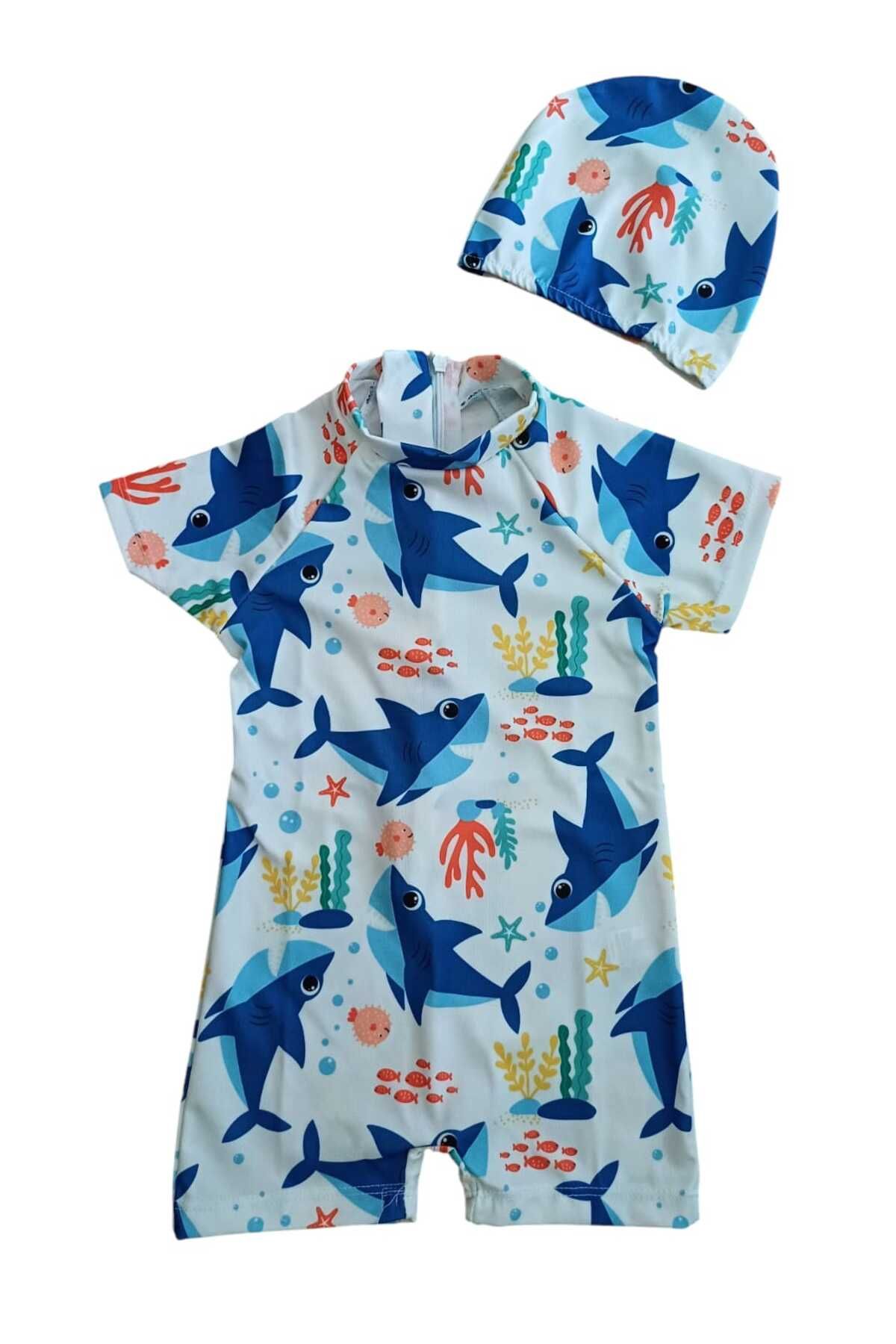 YDBKStore-Boy's Shark Printed Sun Protection Zippered Hipster Swimsuit + Cap 2 Piece Set 1