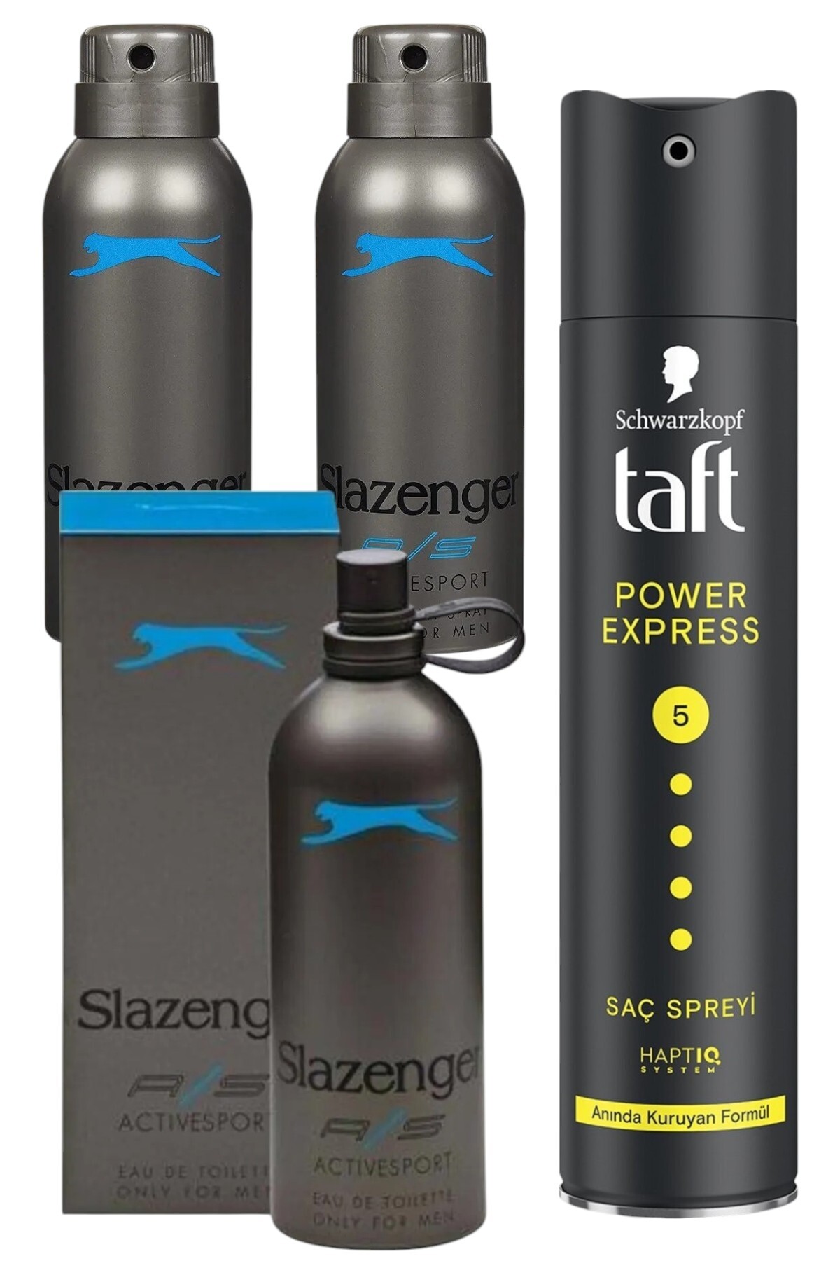 عطر مردانه اکتیو اسپورت بلو ادوتویلت ۱۲۵ میلی‌لیتر + ۲ دئودورانت ۱۵۰ میلی‌لیتر + اسپری مو تافت-پاور اکسپرس ۲۵۰ میلی‌لیتر اسلازنگر ست عطر Slazenger