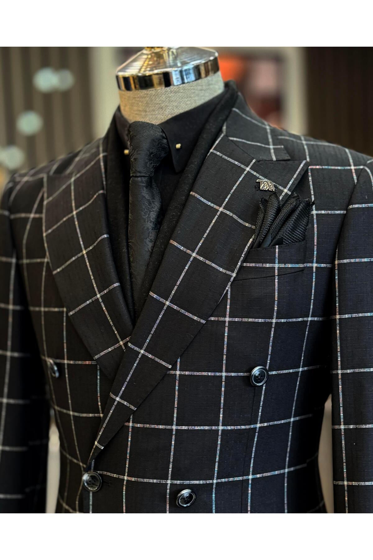 TerziAdemAltun İtalyan stil slim fit ekose kruvaze erkek tek ceket siyah T12895 görsel 5