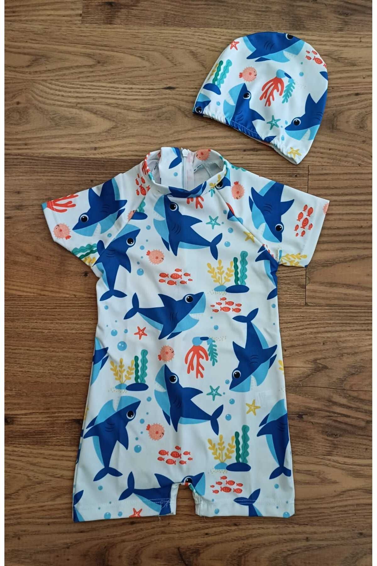 YDBKStore-Boy's Shark Printed Sun Protection Zippered Hipster Swimsuit + Cap 2 Piece Set 2