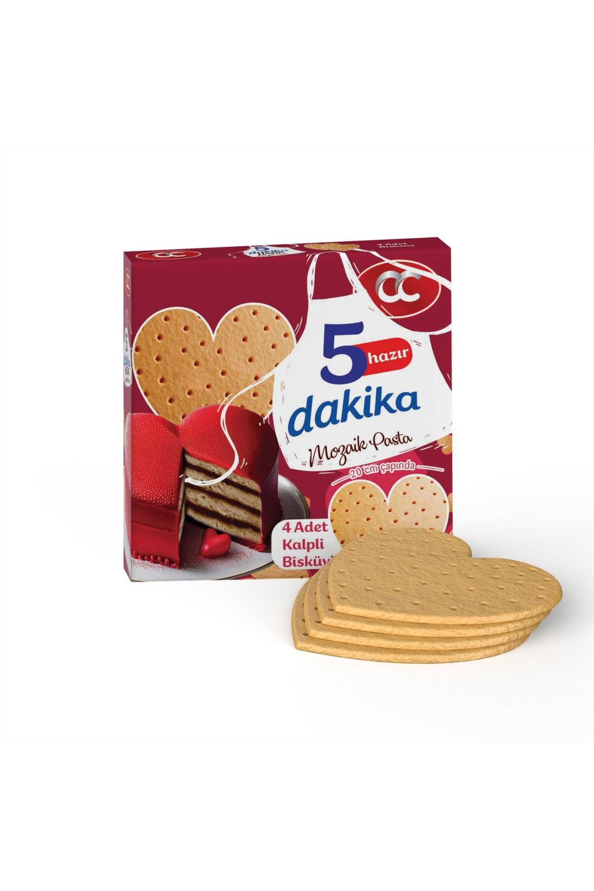 CC 5 Dakika Mozaik Pasta Kalp Şekilli 5 Dakika Hazır Mozaik Pasta - 20 cm Çapında 4 Kat Kalp Şekilli Pasta Tabanı Bisküvisi