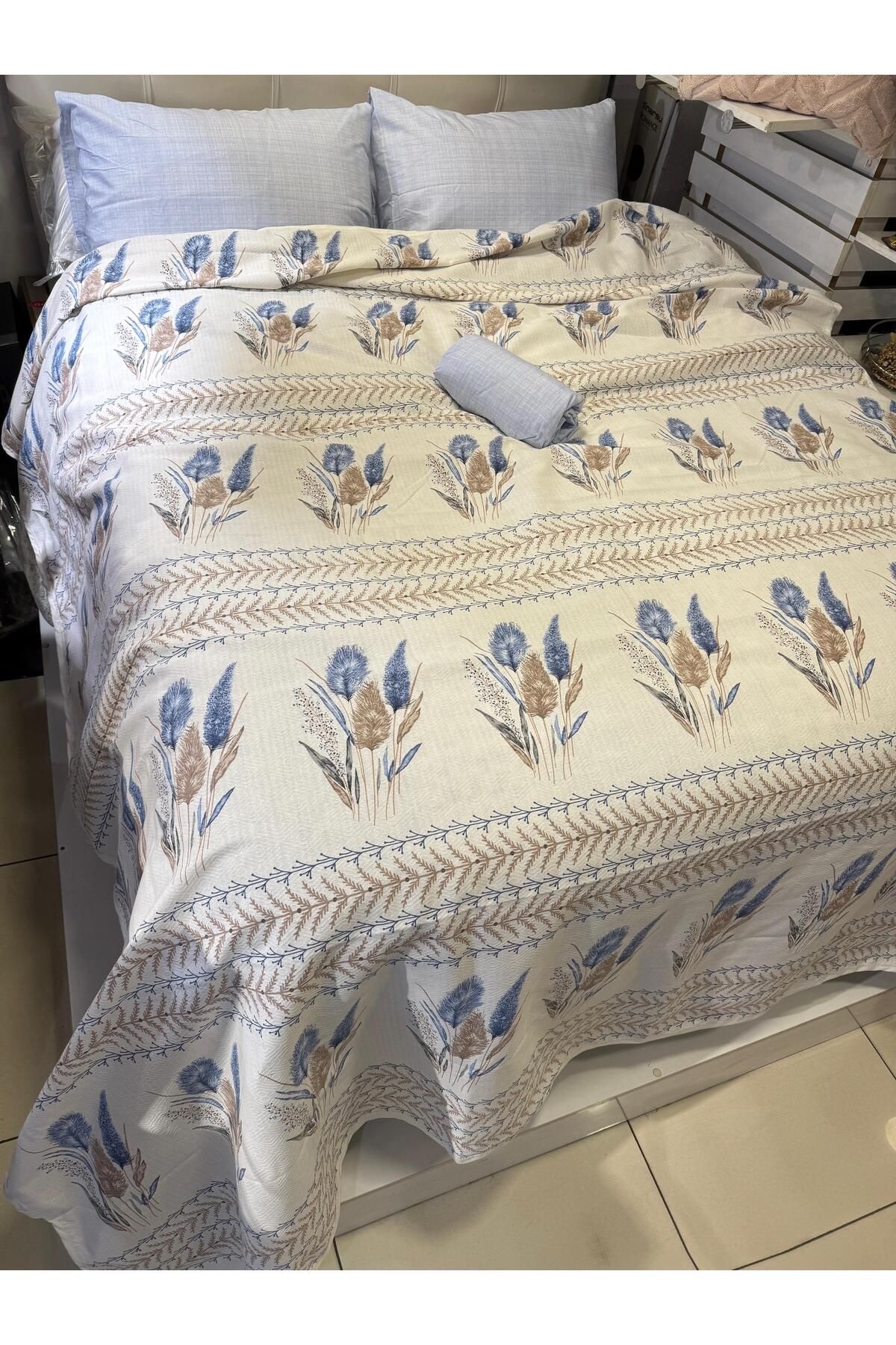 ŞENER HOME-Ekin Patterned Sheet Elastic Single Pique Set - Blue 4