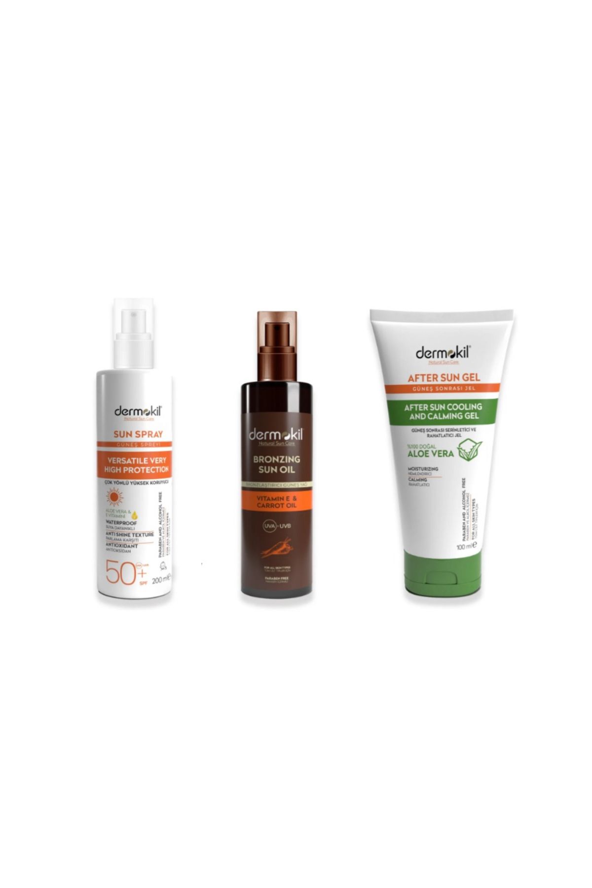 Dermokil Sun Sprey Koruyucu Güneş Spreyi 200 Ml+After Sun Gel 100 Ml+Bronzlaştırıcı Yağ 200 Ml