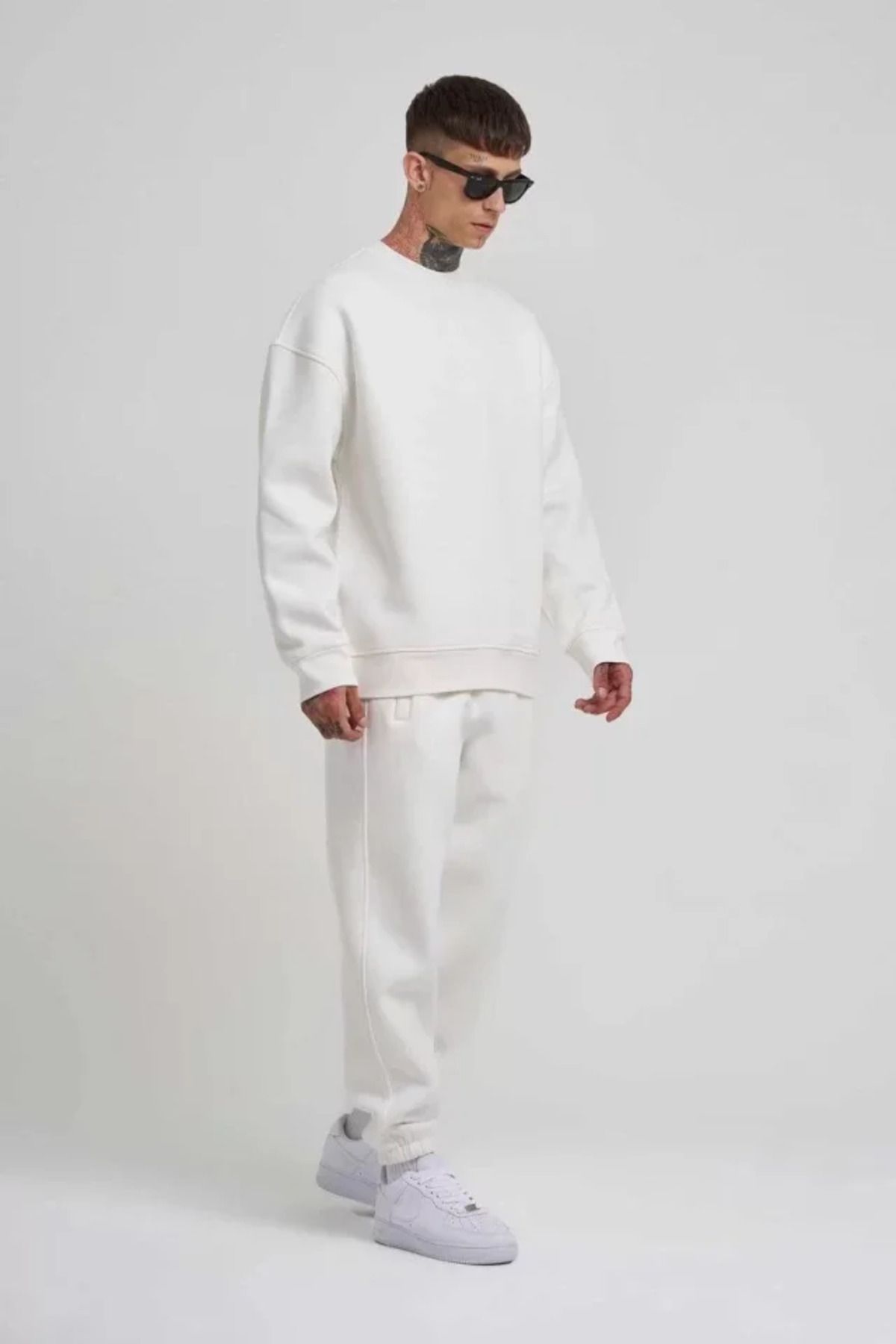 COTTONLAB Unisex Biskilet Yaka Üç İplik SweatShirt - Beyaz