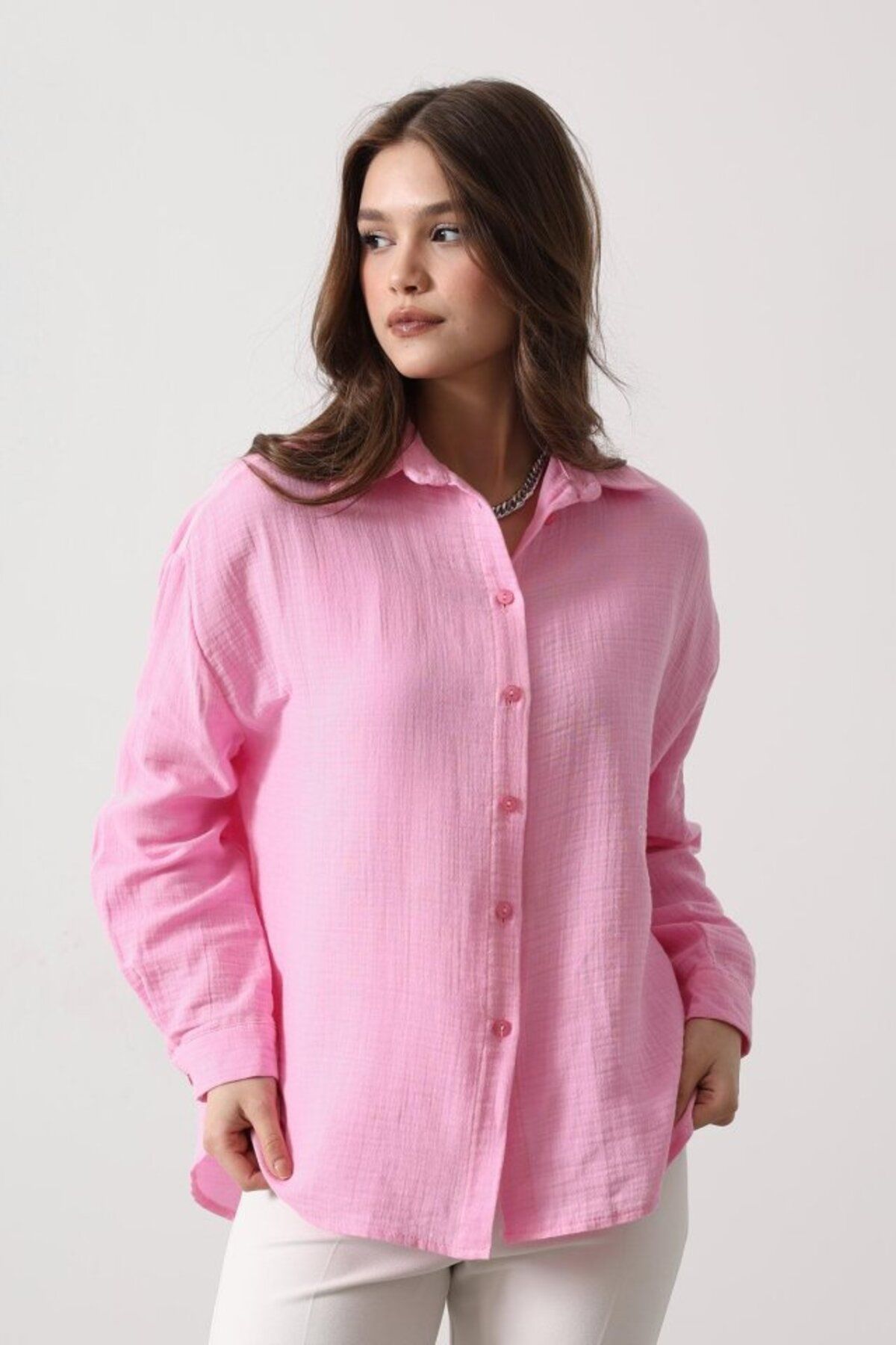 ASFSTORE Müslin Uzun Kol Gömlek - Şeker Pembe