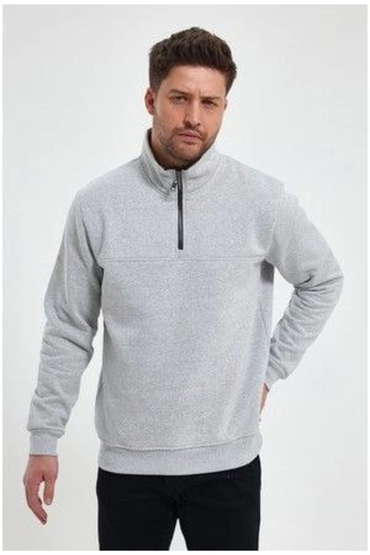GE TİCARET Oversize Yarım Farmuarlı Yakalı Basic SweatShirt - Gri