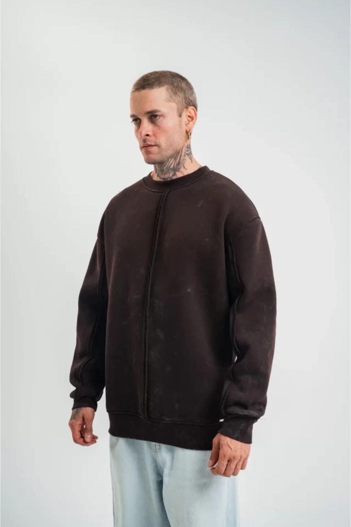 Grip Hug &Hug POLIZEI Premium Kalite Bisiklet Yaka Yıkamalı SweatShirt - Kahverengi