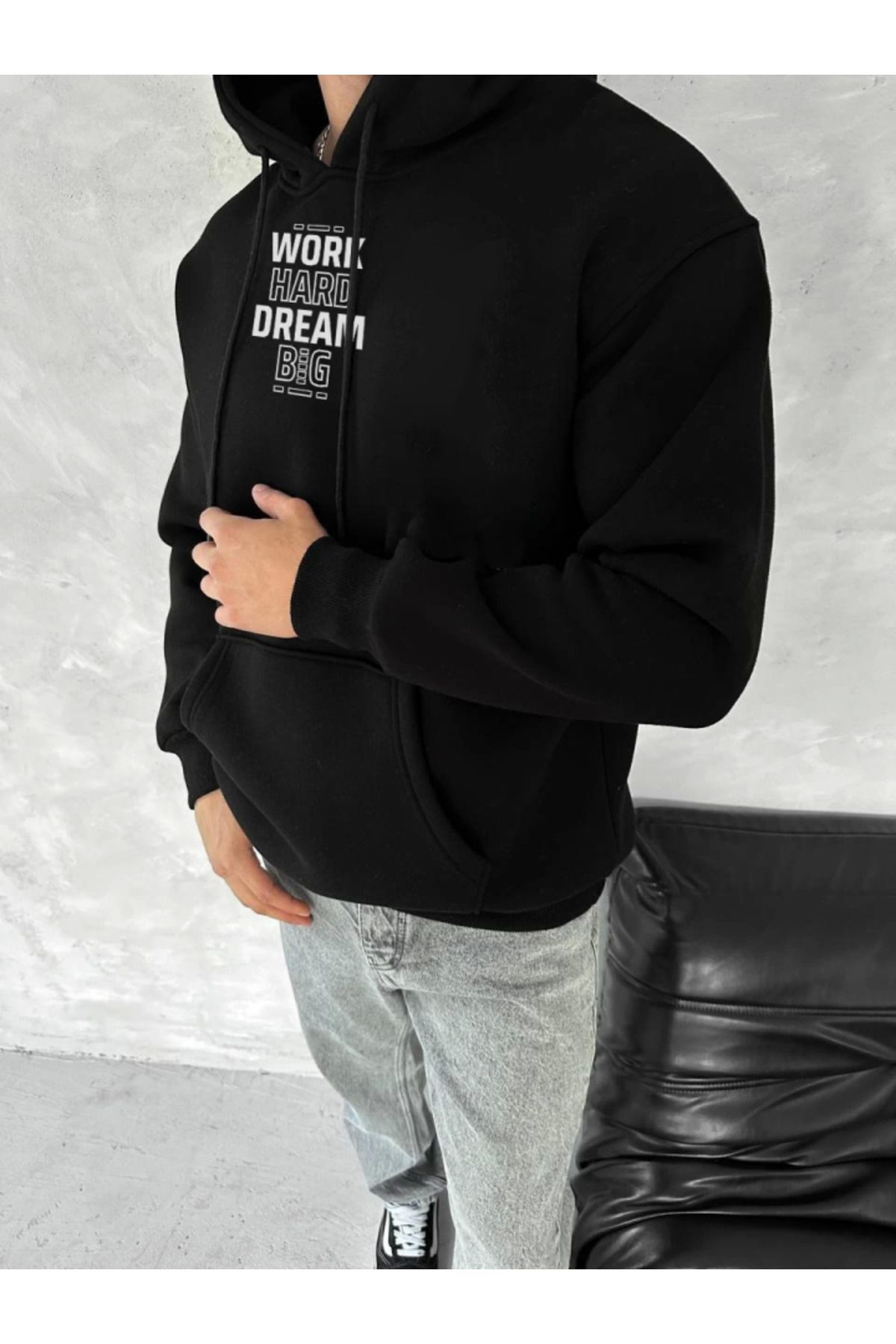GE TİCARET Kışlık Üç İplik Kapşonlu SweatShirt - Siyah
