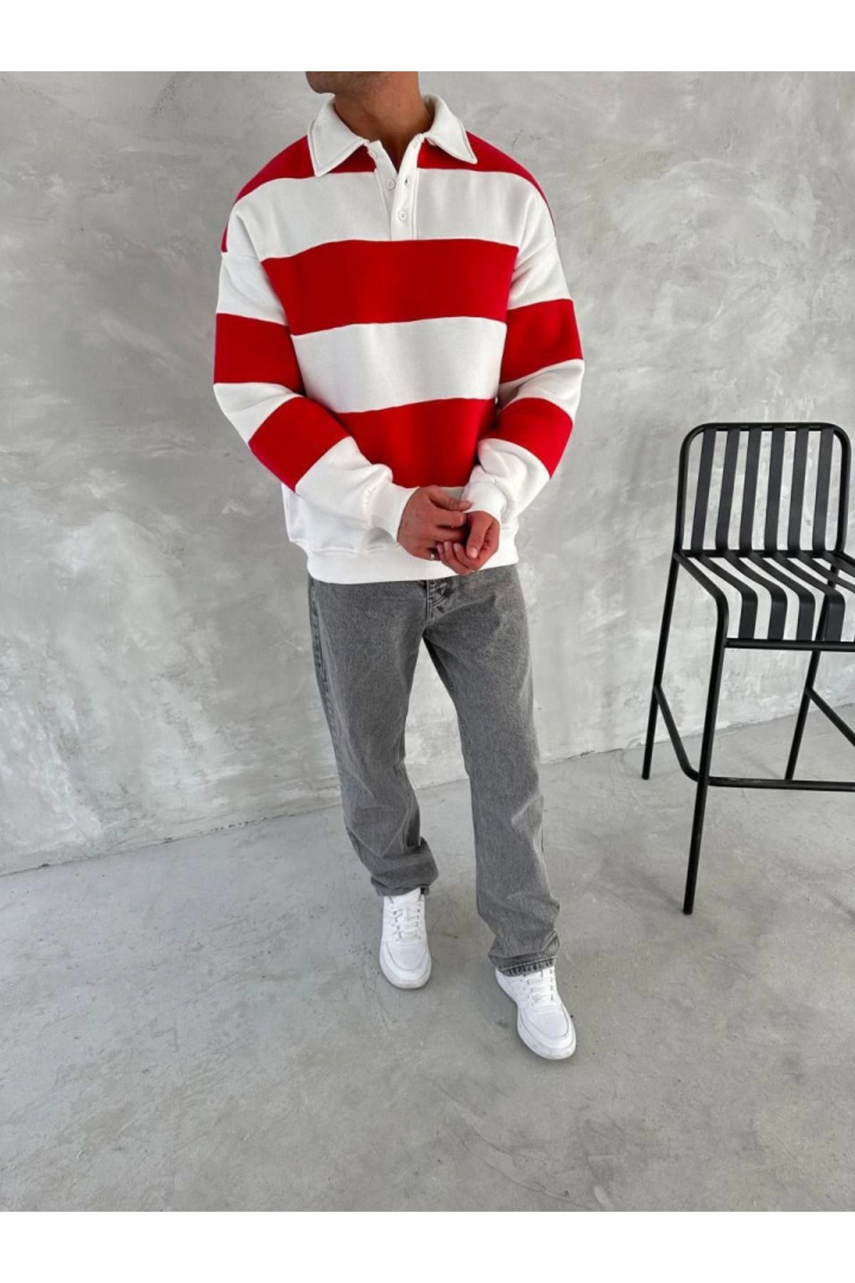 jupiter global bazaar Unisex Üç İplik Parçalı Yakalı Sweatshirt - Kırmızı