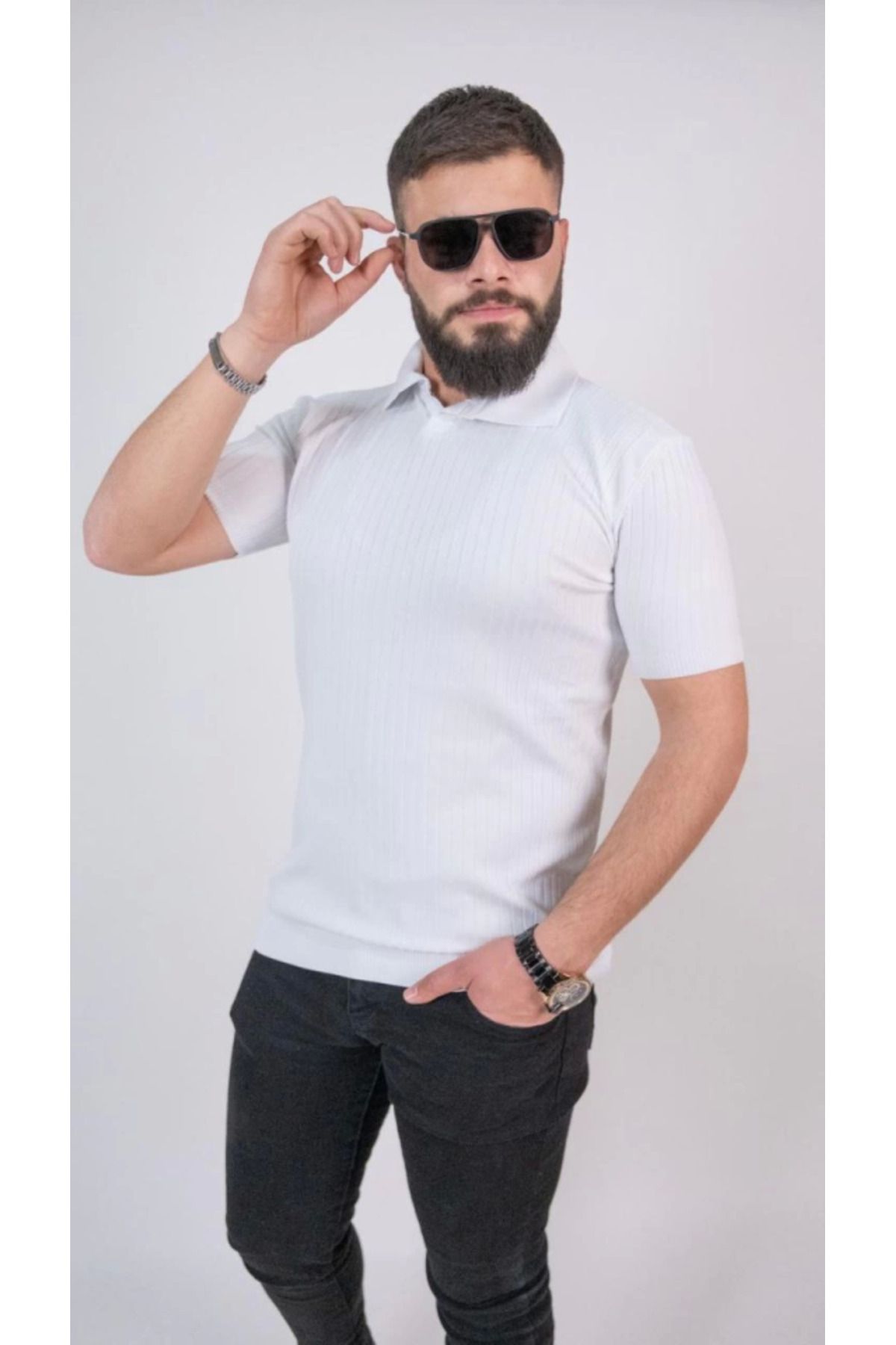 MHT STORE Triko Dokuma Yakalı T-shirt - Beyaz