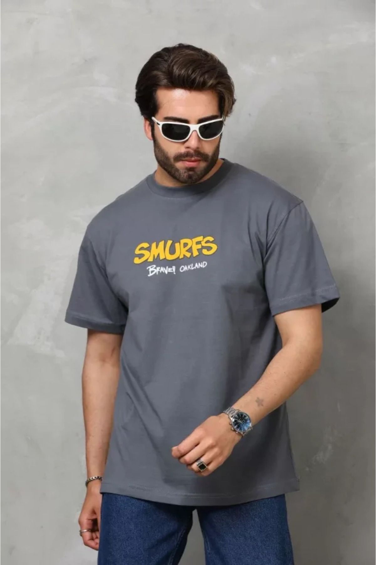 Asap Unisex Basic Bisiklet Yaka Oversize T-Shirt - Füme