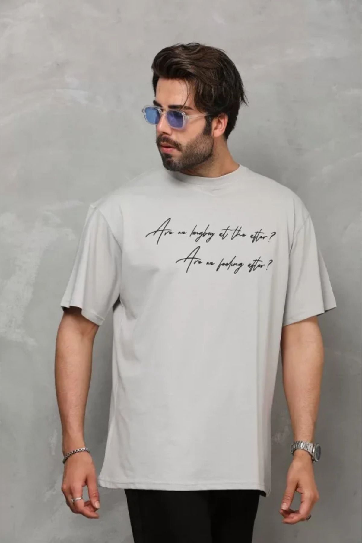 TİANA Unisex Bisiklet Yaka Baskılı Oversize T-Shirt - Gri
