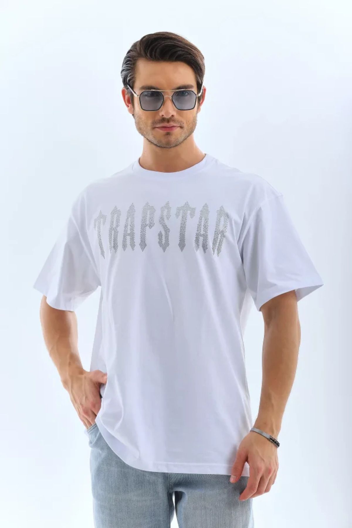 Asap Unisex Oversize Taşlı Bisiklet Yaka T-Shirt - Beyaz