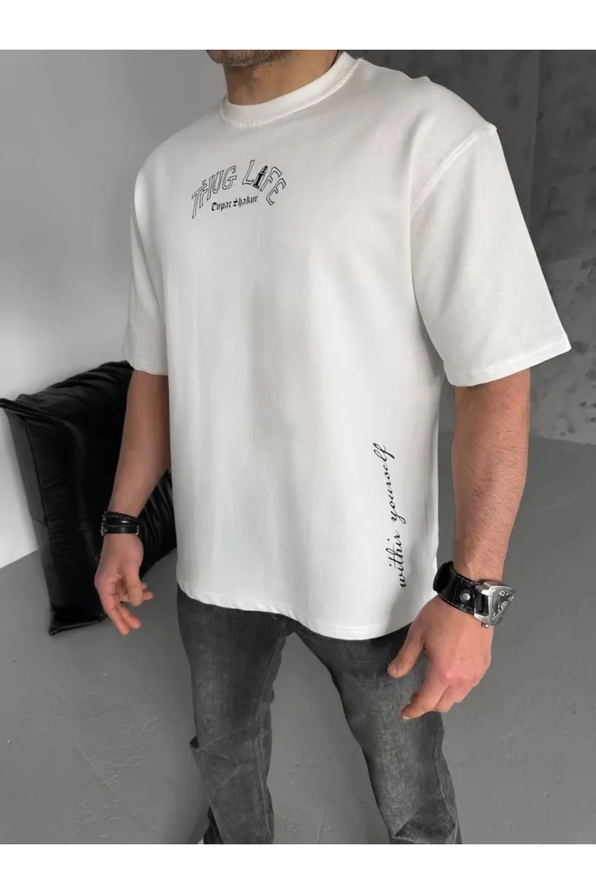 Unisex Baskılı Oversize T-Shirt - Beyaz