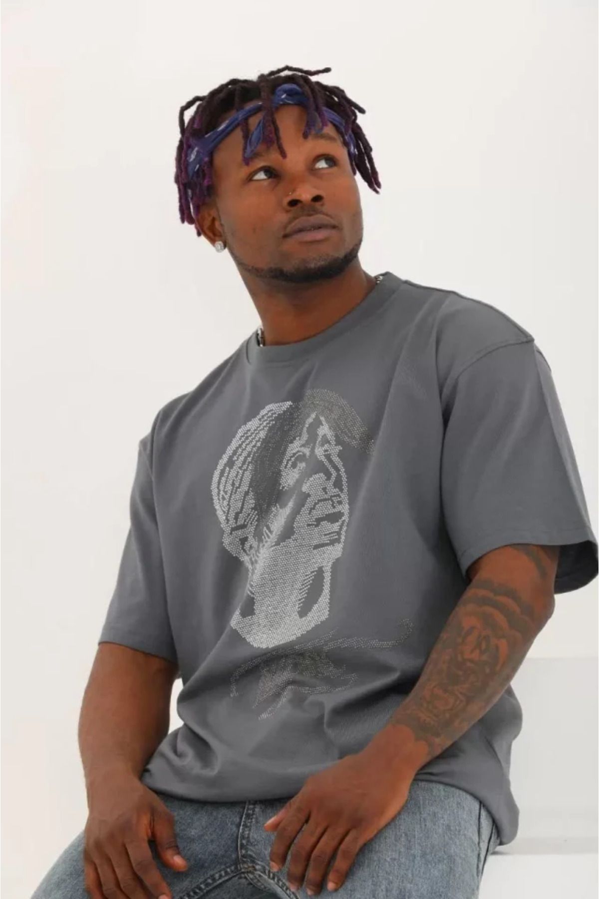 MODAVERA Unisex Oversize Taşlı Bisiklet Yaka T-Shirt - Füme