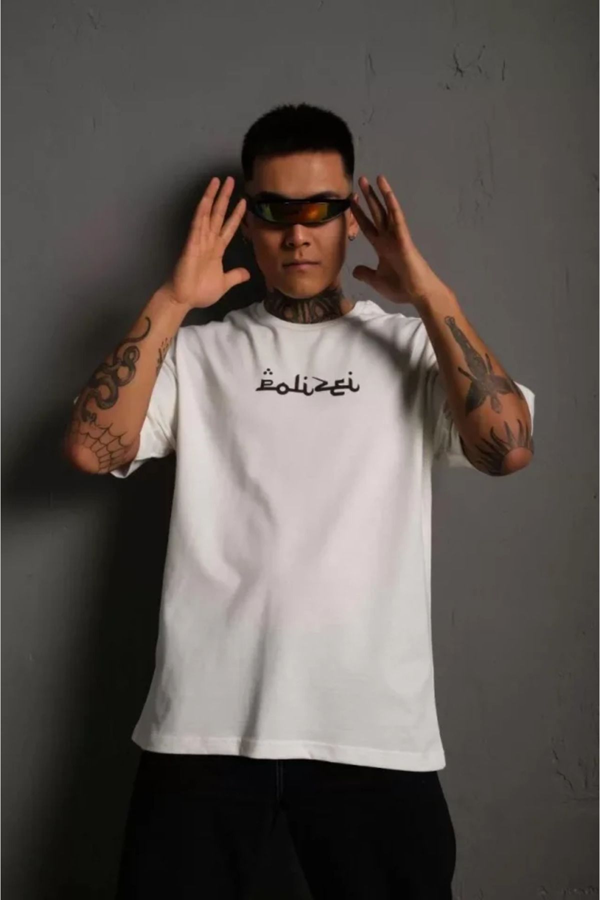 NİDAM BUTİK Erkek Bisiklet Yakalı Sırt Baskılı Oversize T-Shirt - Beyaz
