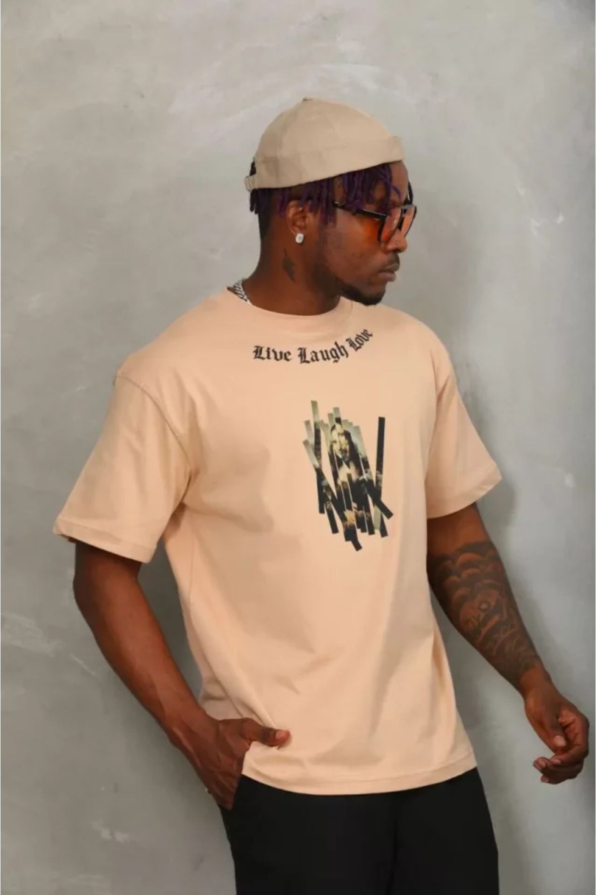 Albayrak Unisex Oversize Baskılı Bisiklet Yaka T-Shirt - Bej