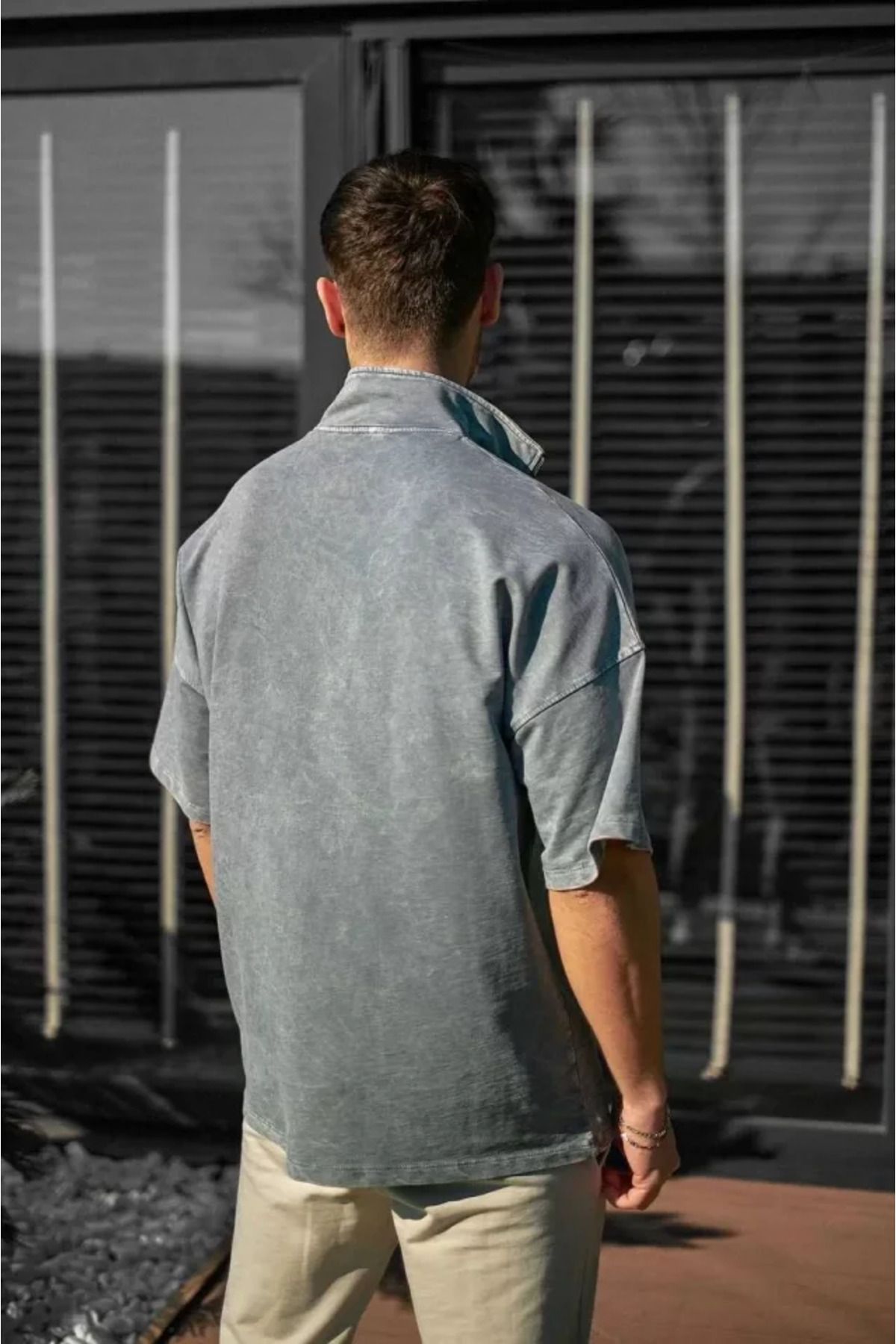 Albayrak Unisex Yarım Fermuarlı Yıkamalı T-Shirt - Gri