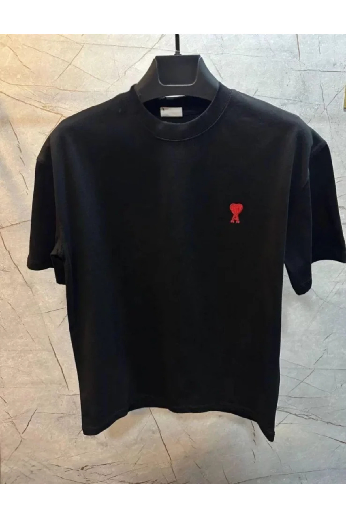 Unisex Bisiklet Yaka Baskılı Oversize T-Shirt - Siyah