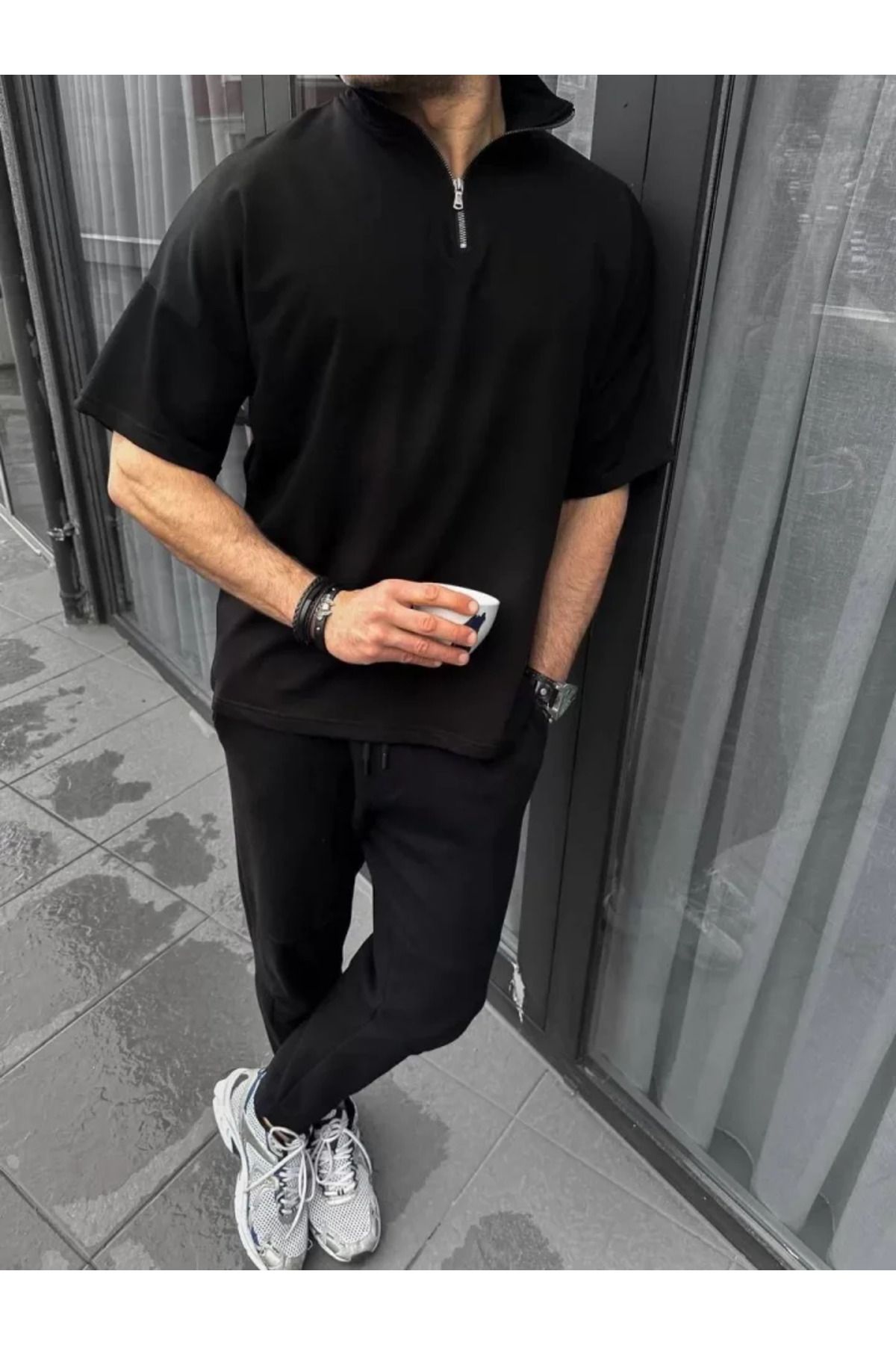 Albayrak Unisex Yarım Fermuarlı Basic T-Shirt - Siyah