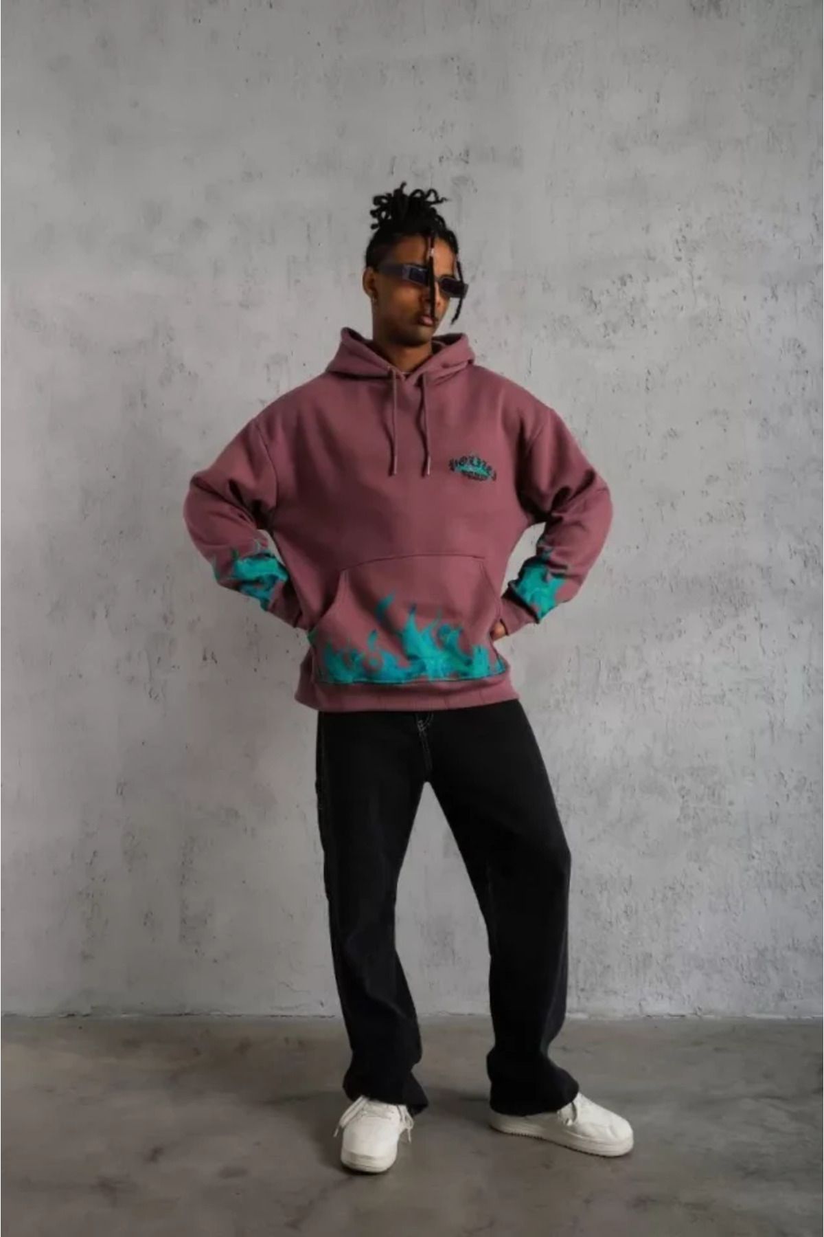 TİANA Erkek Üç İplik Içi Pamuklu Alev Baskılı Kapüşonlu Sweatshirt - Gül Kurusu