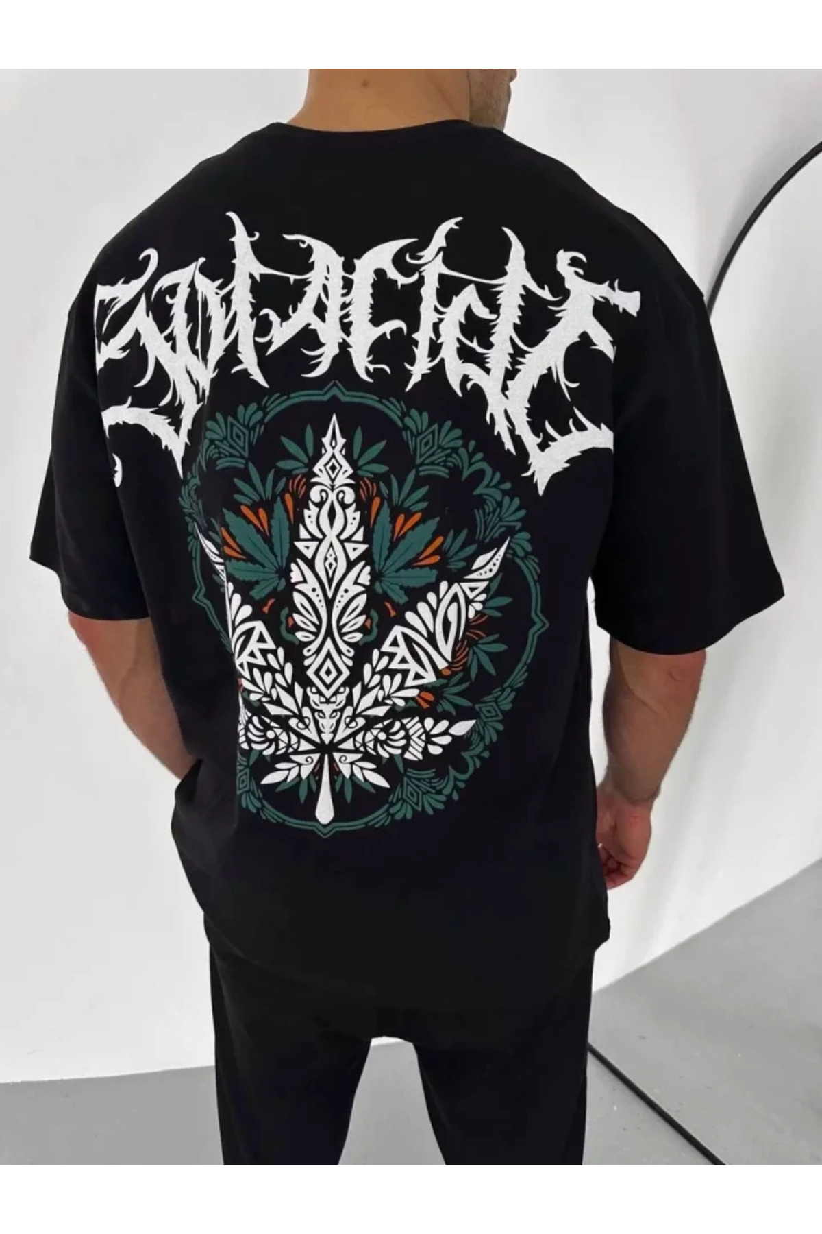 Unisex Bisiklet Yaka Baskılı Oversize T-Shirt - Siyah