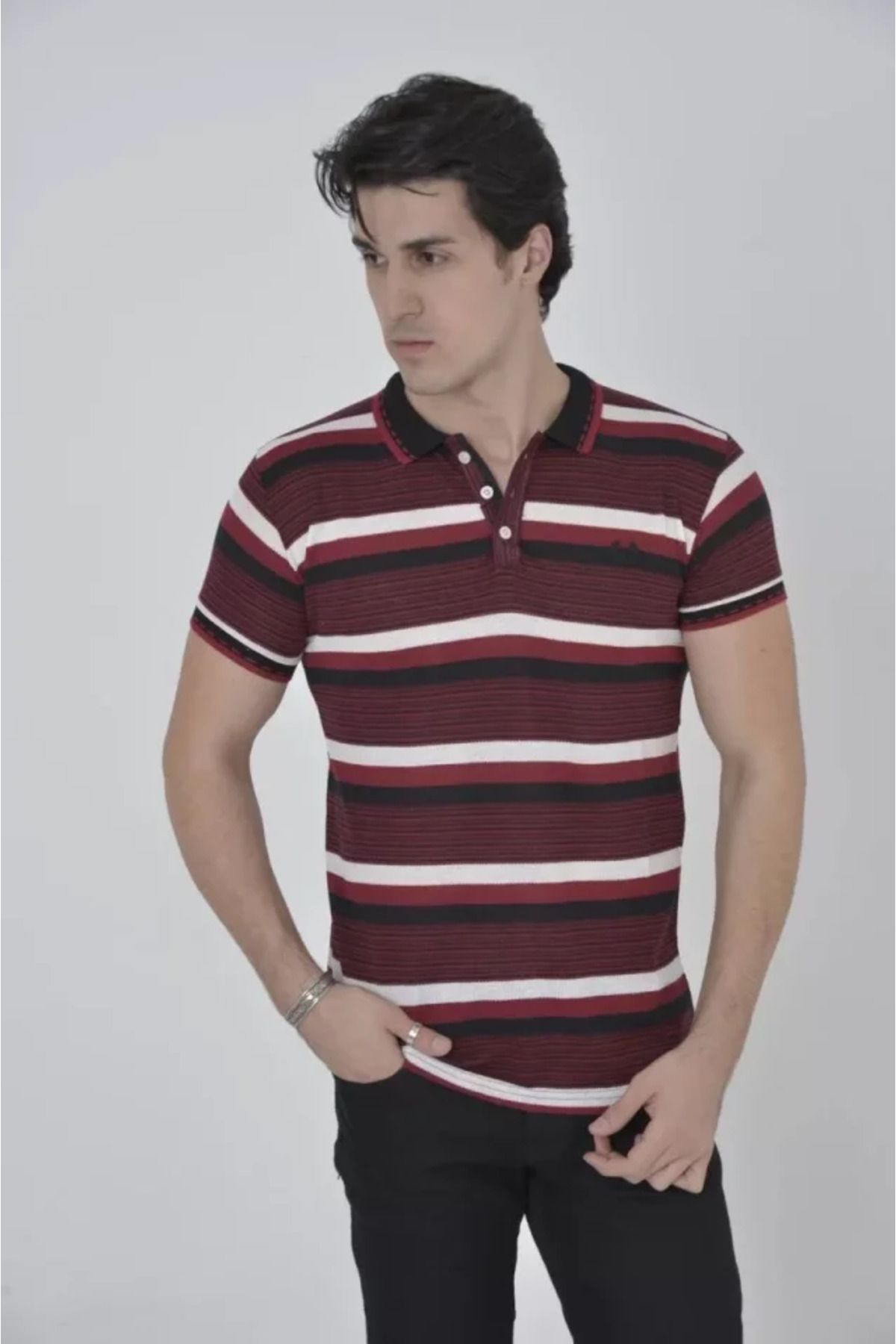 Albayrak Erkek Yakalı Slim Fit Dokuma Çizgili T-Shirt - Bordo