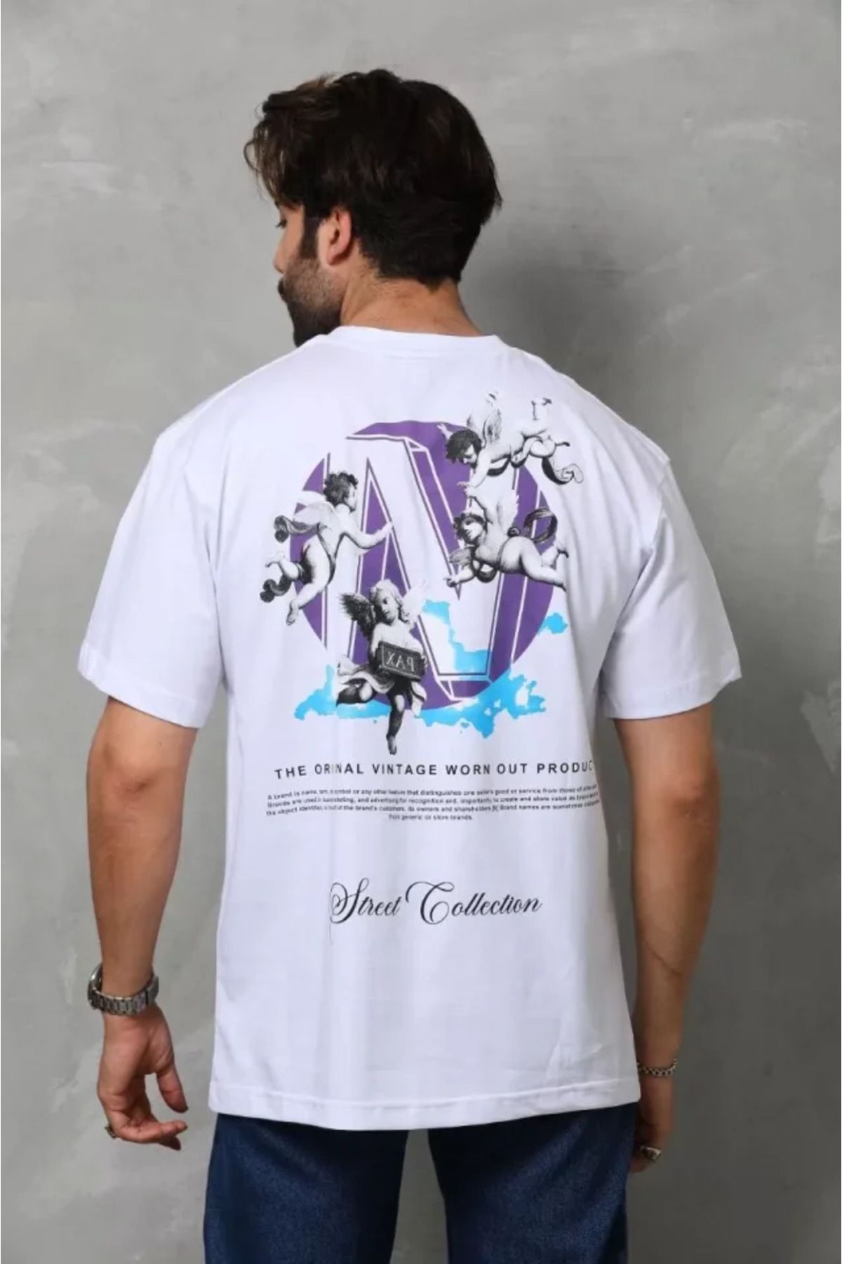 Albayrak Unisex Bisiklet Yaka Baskılı Oversize T-Shirt - Beyaz