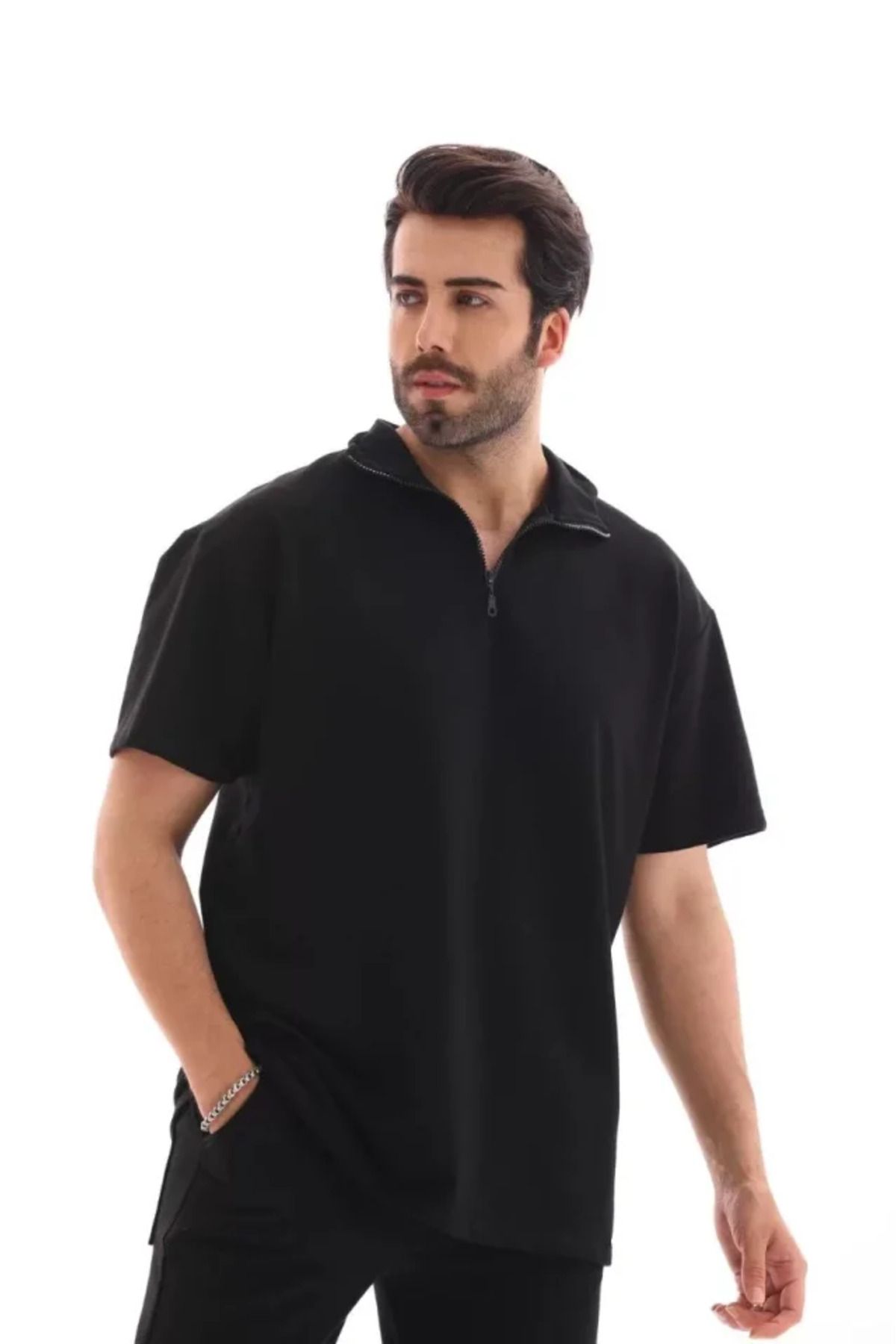 Asap Unisex Yarım Fermuarlı Düz Oversize T-shirt - Siyah