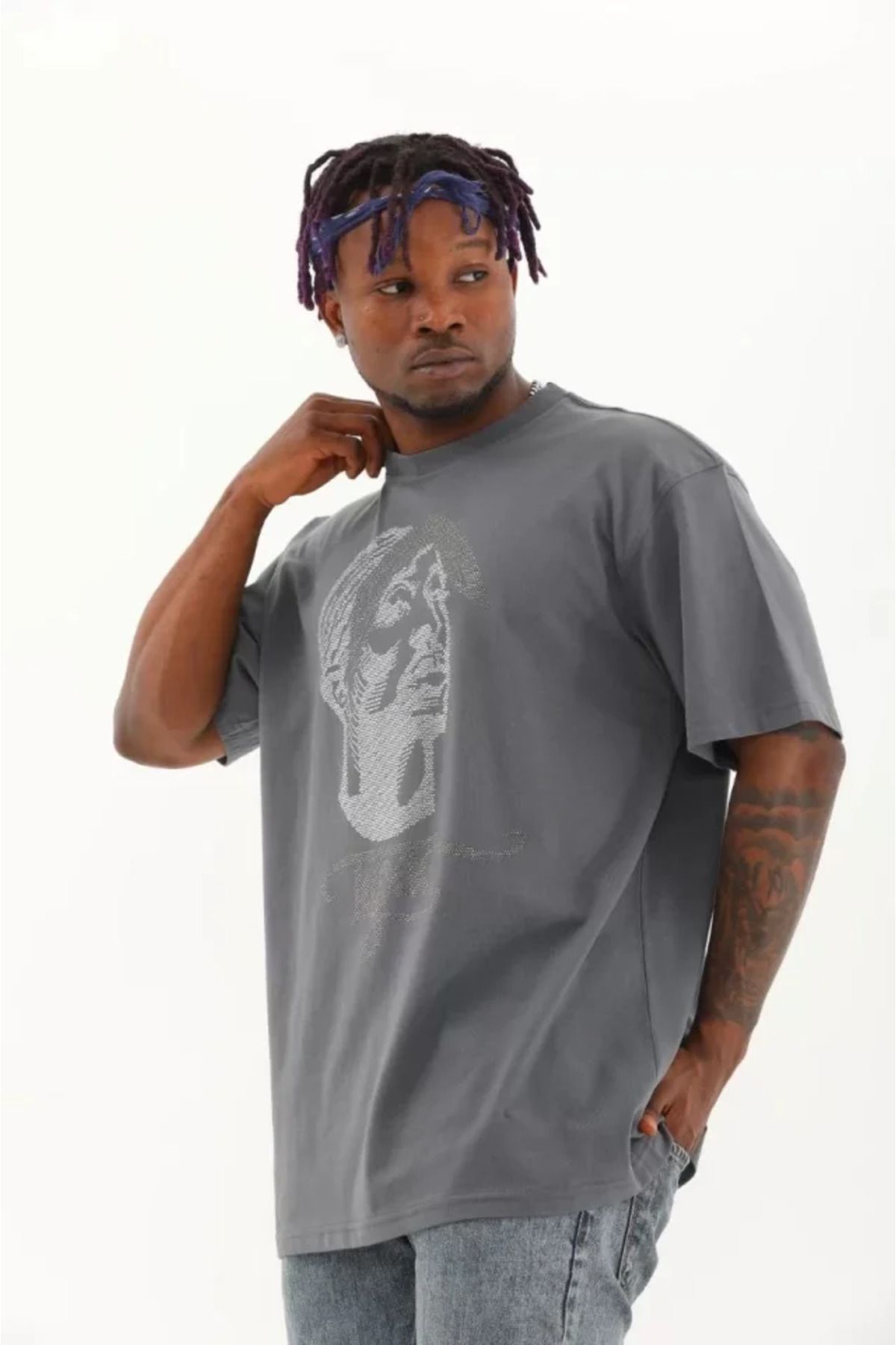 Asap Unisex Oversize Taşlı Bisiklet Yaka T-Shirt - Füme
