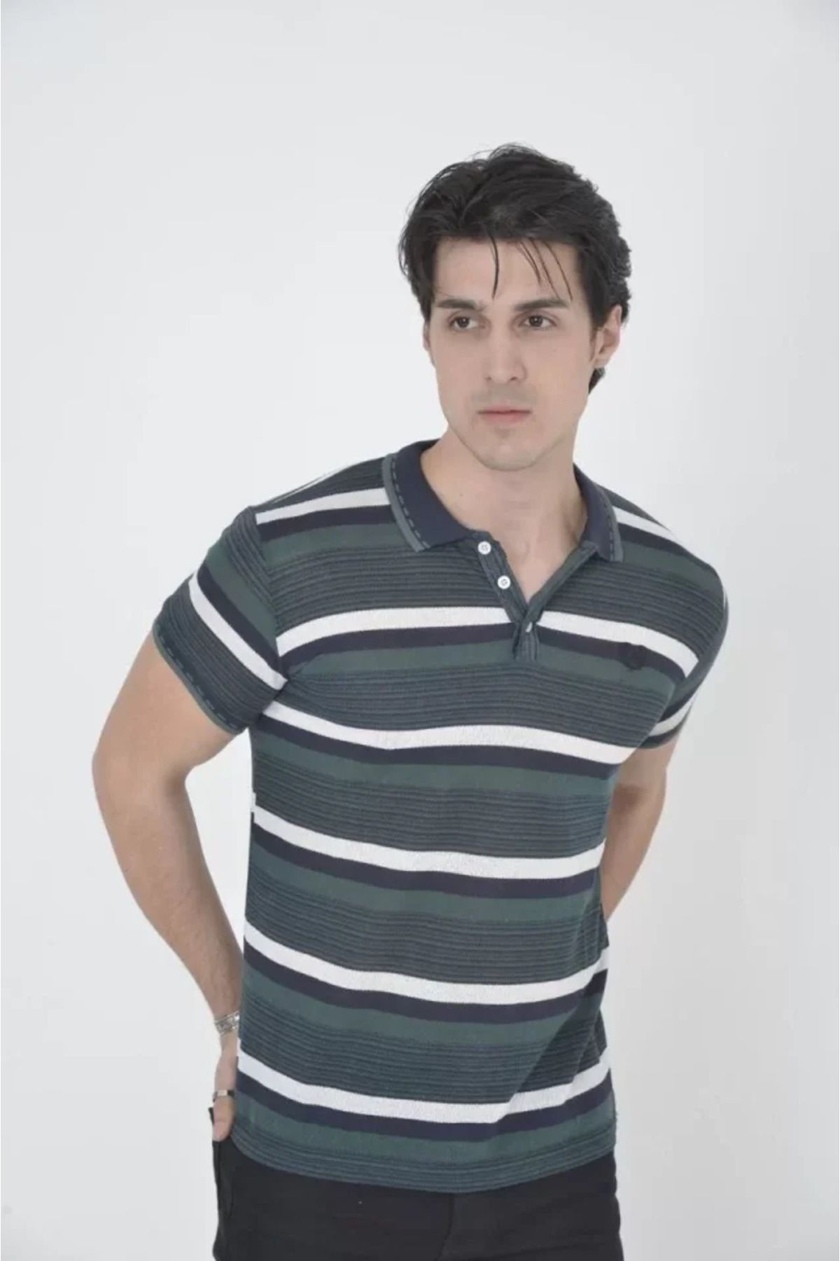 vivenza Erkek Yakalı Slim Fit Dokuma Çizgili T-Shirt - Haki
