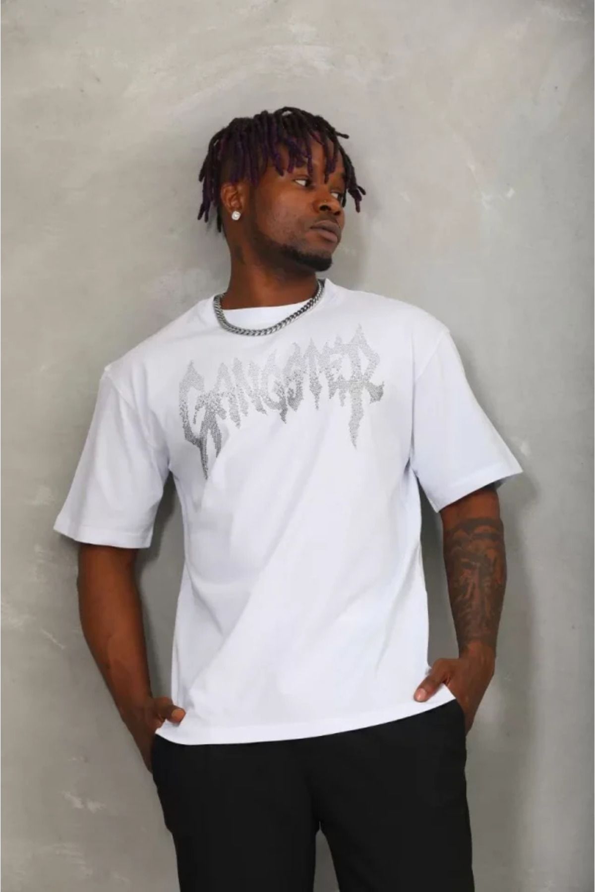 Asap Unisex Oversize Taşlı Bisiklet Yaka T-Shirt - Beyaz