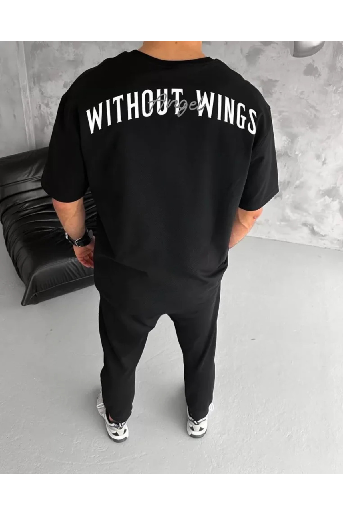 Unisex Bisiklet Yaka Baskılı Oversize T-Shirt - Siyah
