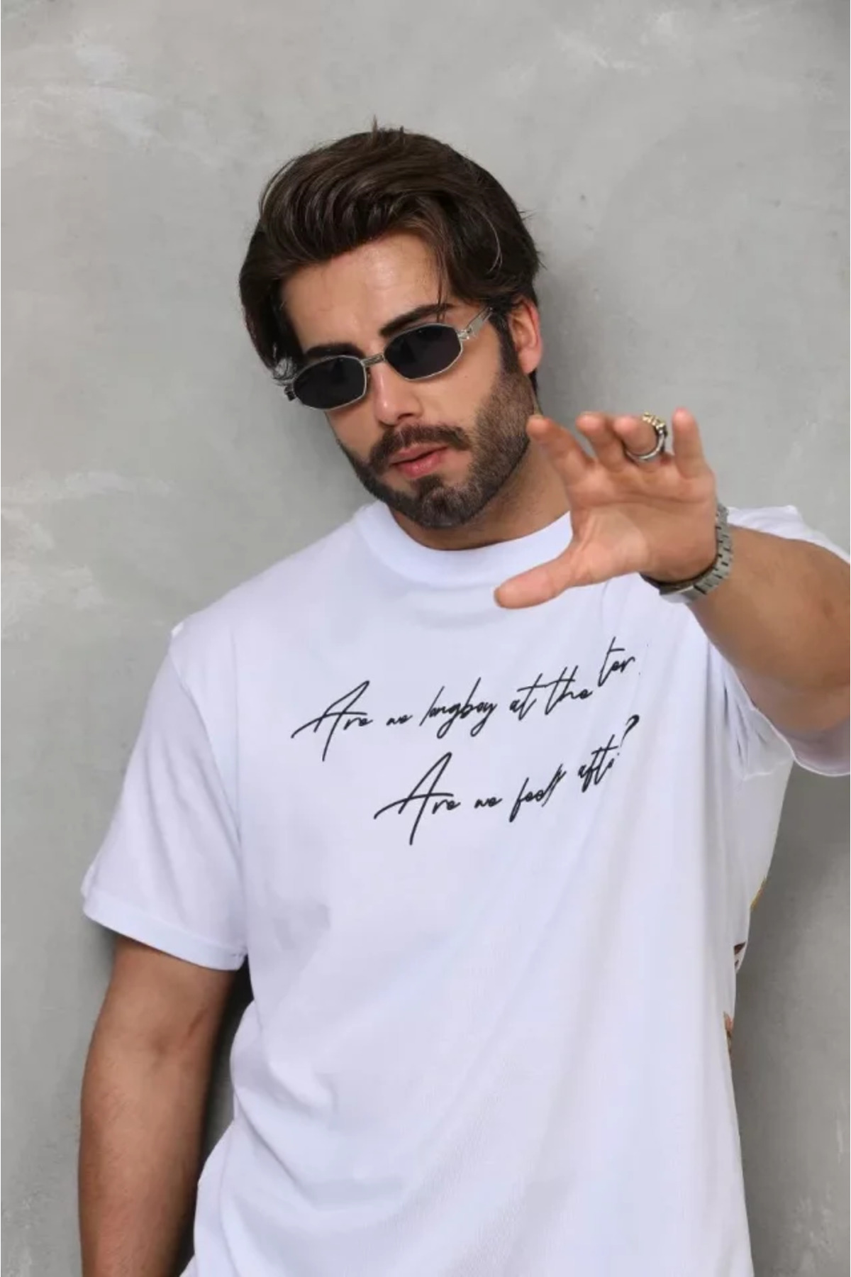 Unisex Bisiklet Yaka Baskılı Oversize T-shirt - Beyaz
