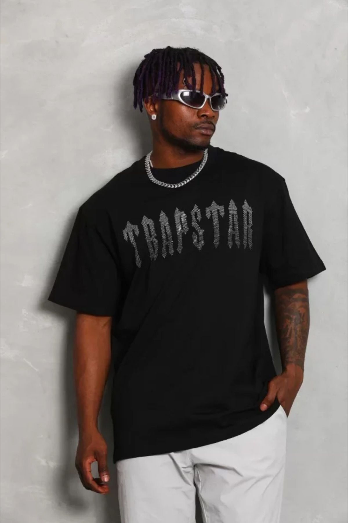 Asap Unisex Oversize Taşlı Bisiklet Yaka T-Shirt - Siyah
