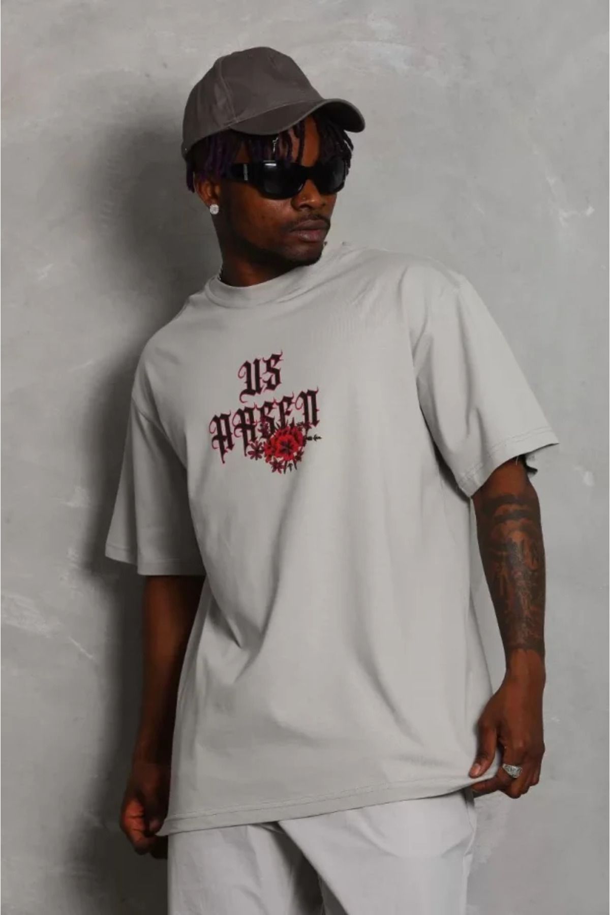 Asap Unisex Oversize Baskılı Bisiklet Yaka T-Shirt - Gri