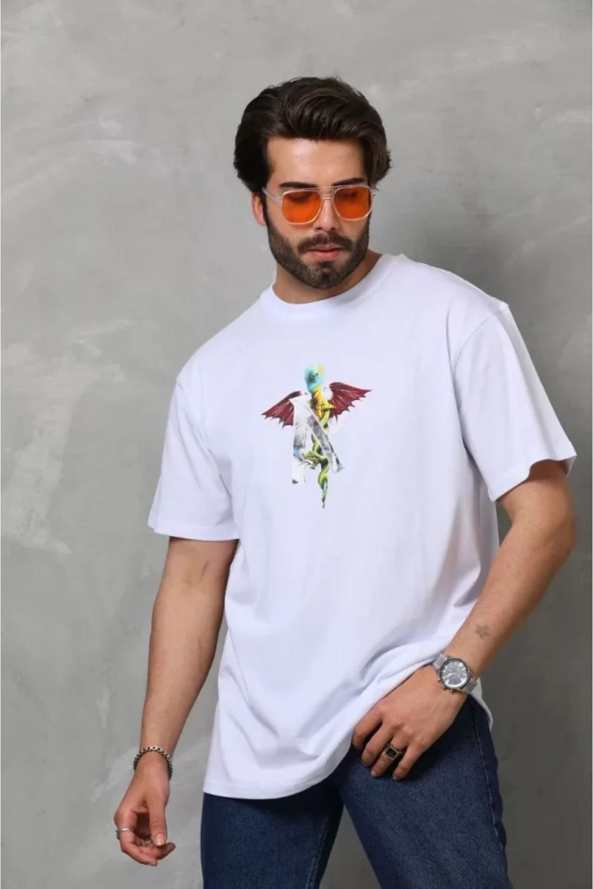 Albayrak Unisex Bisiklet Yaka Baskılı Oversize T-Shirt - Beyaz
