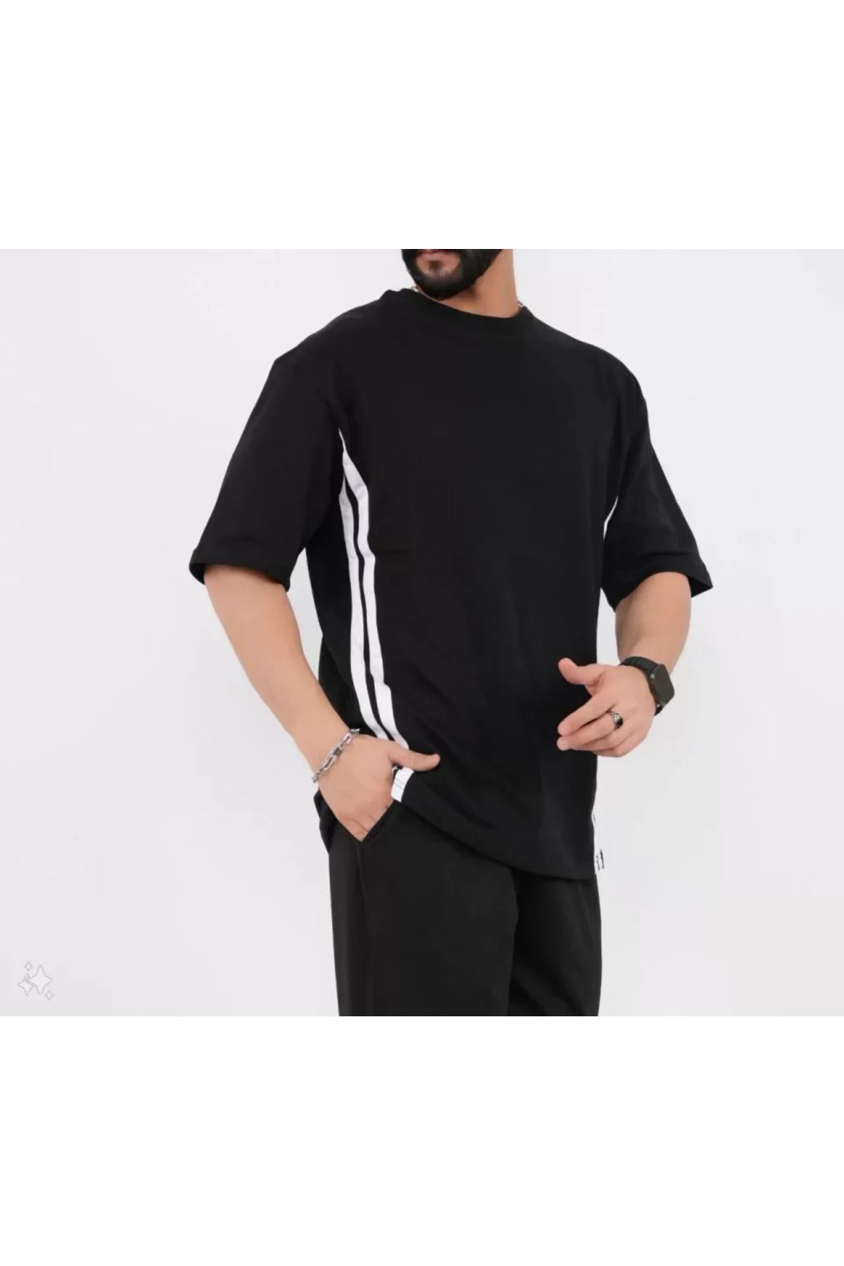 jupiter global bazaar Oversize Yanları Şeritli T-Shirt - Siyah